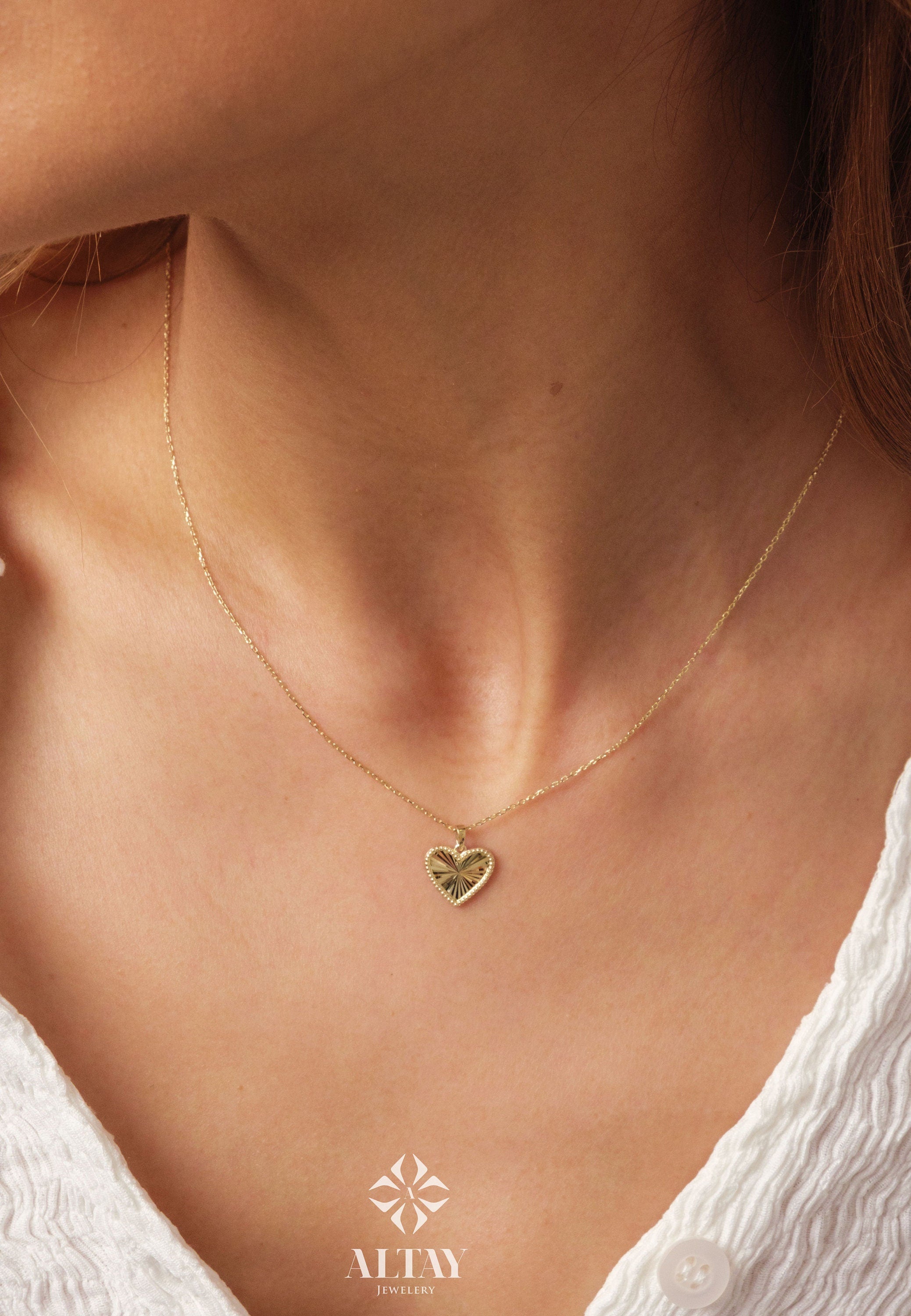 14K Gold Heart Necklace, Small Heart Necklace, Mini Textured Heart Charm, Sparkle Gold Heart Charm, Love Pendant Necklace, Gift for Her