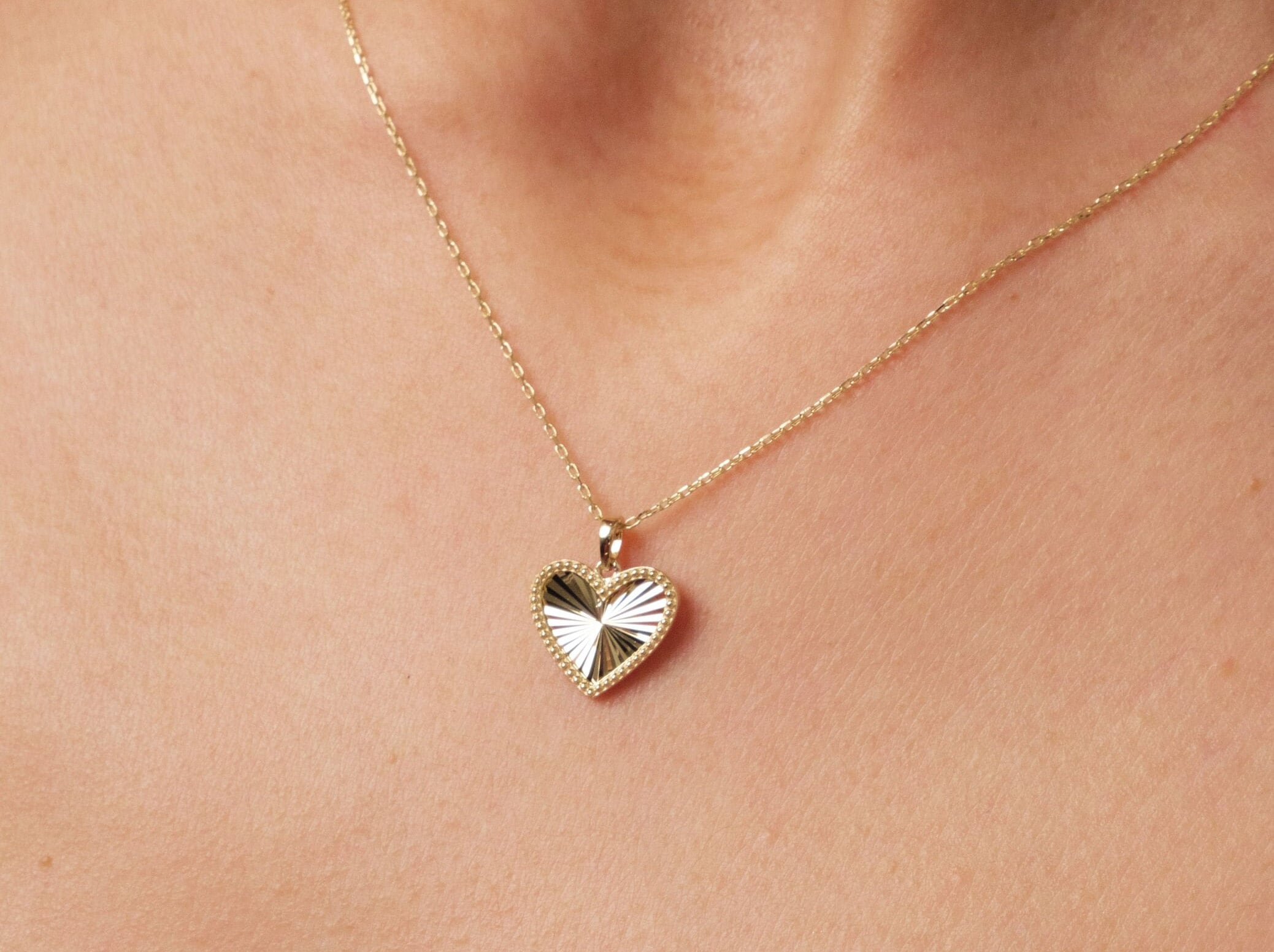 14K Gold Heart Necklace, Small Heart Necklace, Mini Textured Heart Pendant, Sparkle Gold Heart Charm, Love Pendant Necklace, Gift for Her