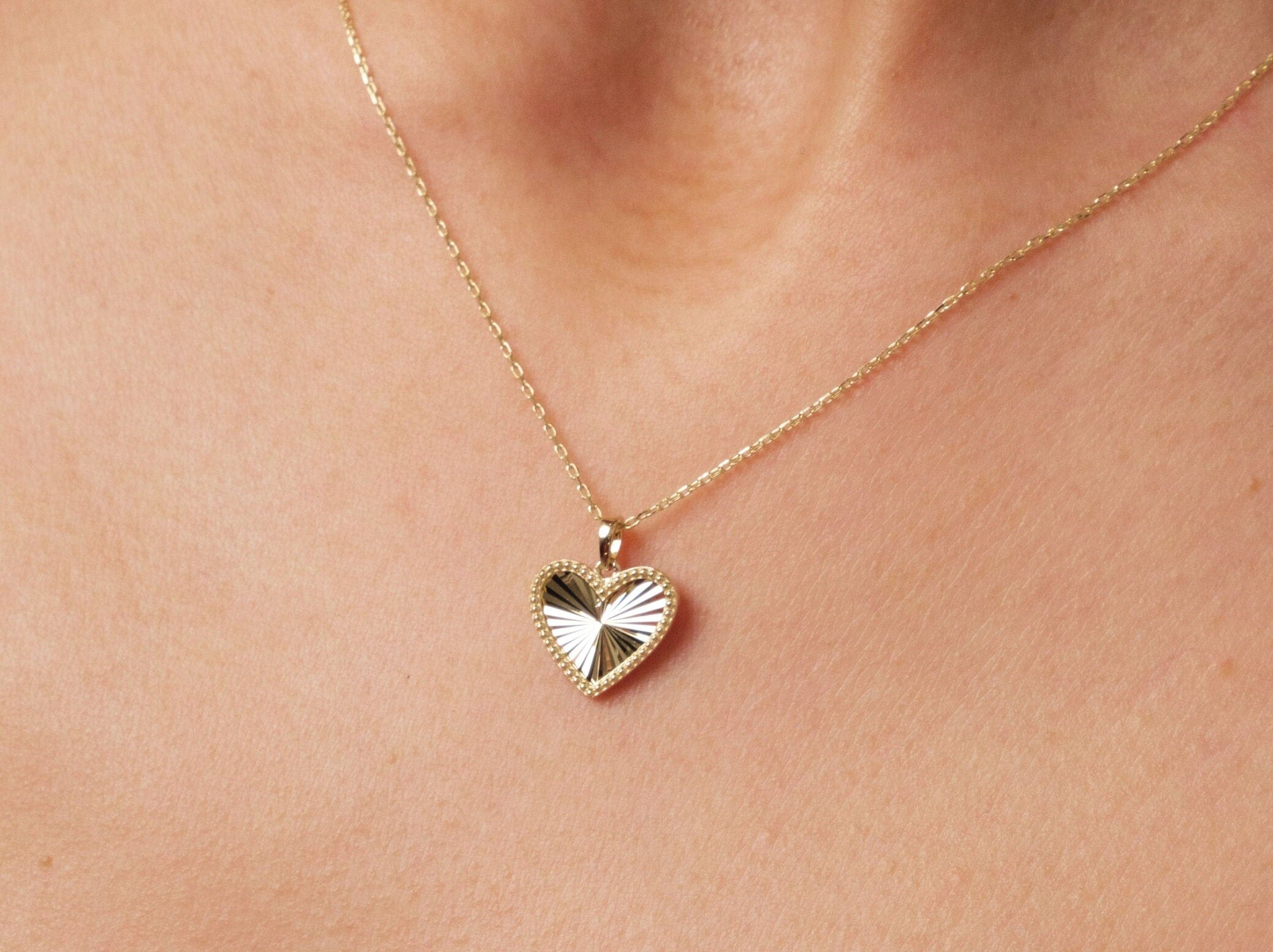 14K Gold Heart Necklace, Small Heart Necklace, Mini Textured Heart Charm, Sparkle Gold Heart Charm, Love Pendant Necklace, Gift for Her