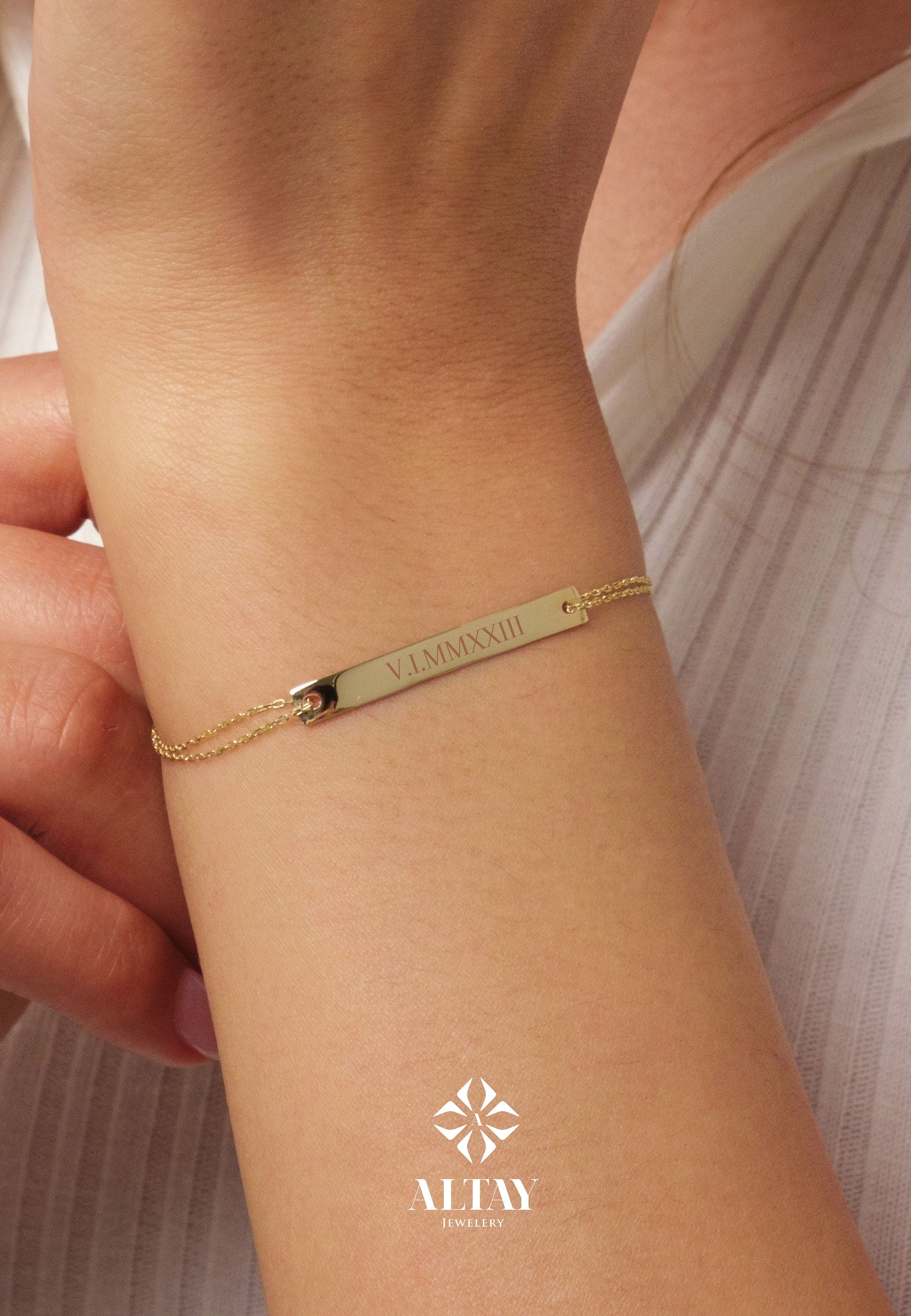 Personalized 14K Gold Bar Bracelet - Custom Name or Message Engraving for Her