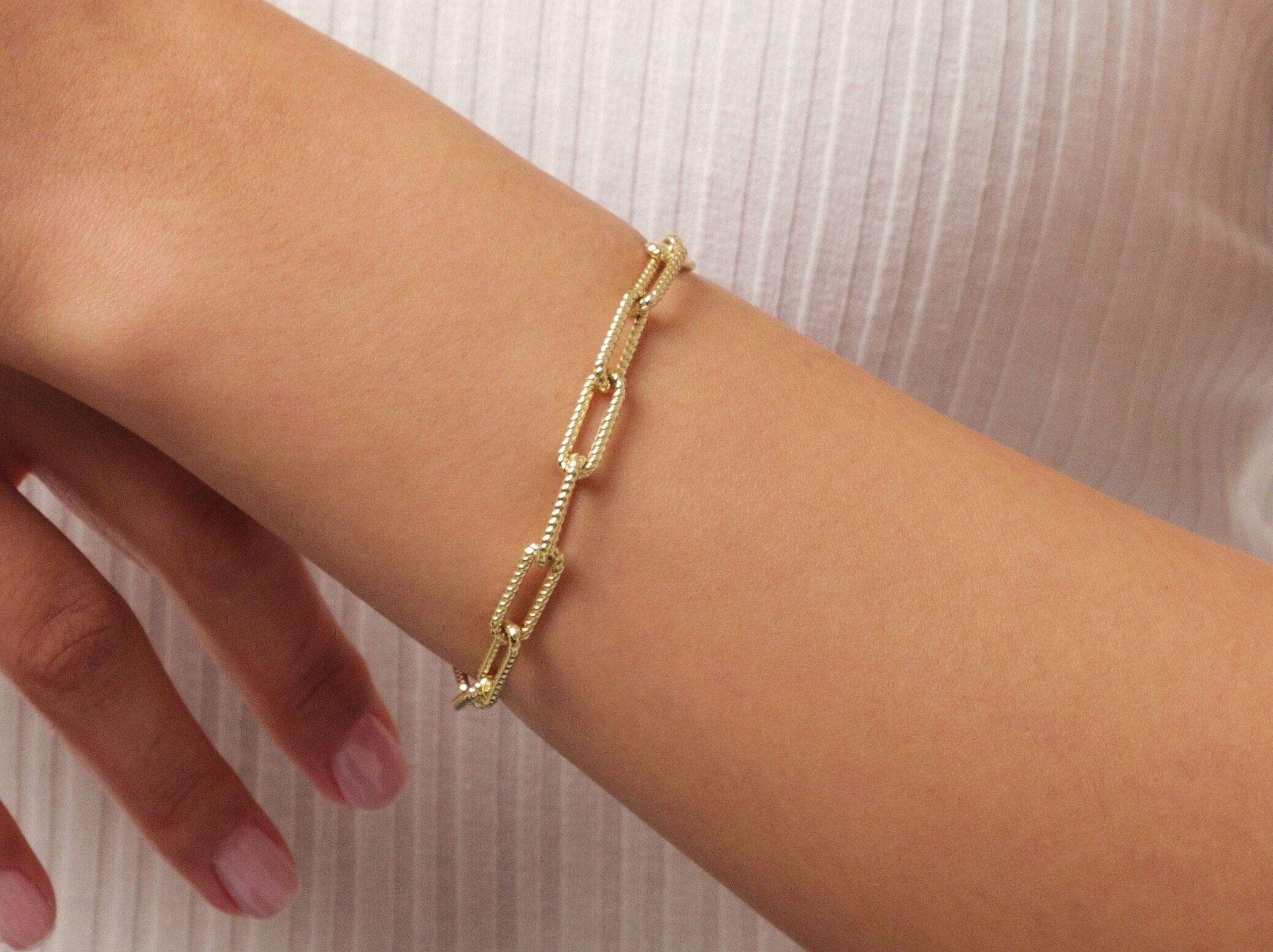 14K Gold Oval Link Chain Bracelet, 4.5mm Paperclip Chain Bracelet, Rope Chain Link Bracelet, Textured Bracelet, Stacking Bracelets Men Women