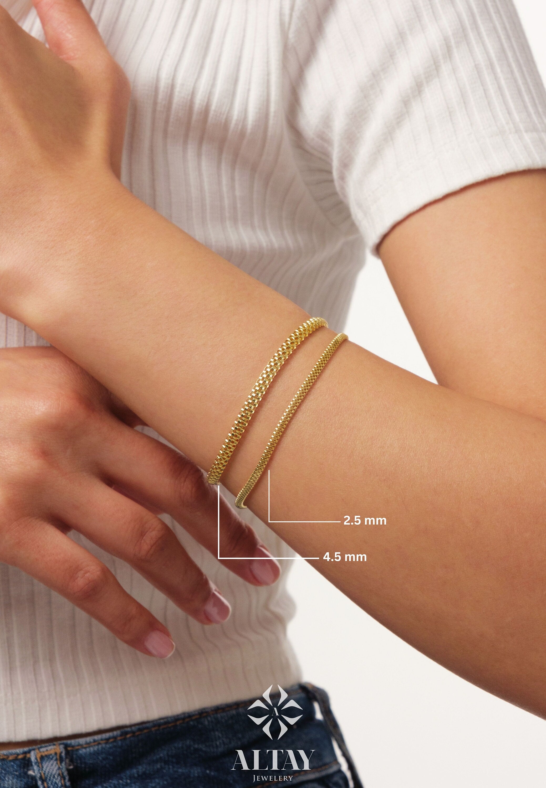 14K Gold Popcorn Bracelet, 4.5mm Curb Wrist Chain, Gold Herringbone Stack Link Chain, Braided Bismark Bracelet, Valentine's Day Gift