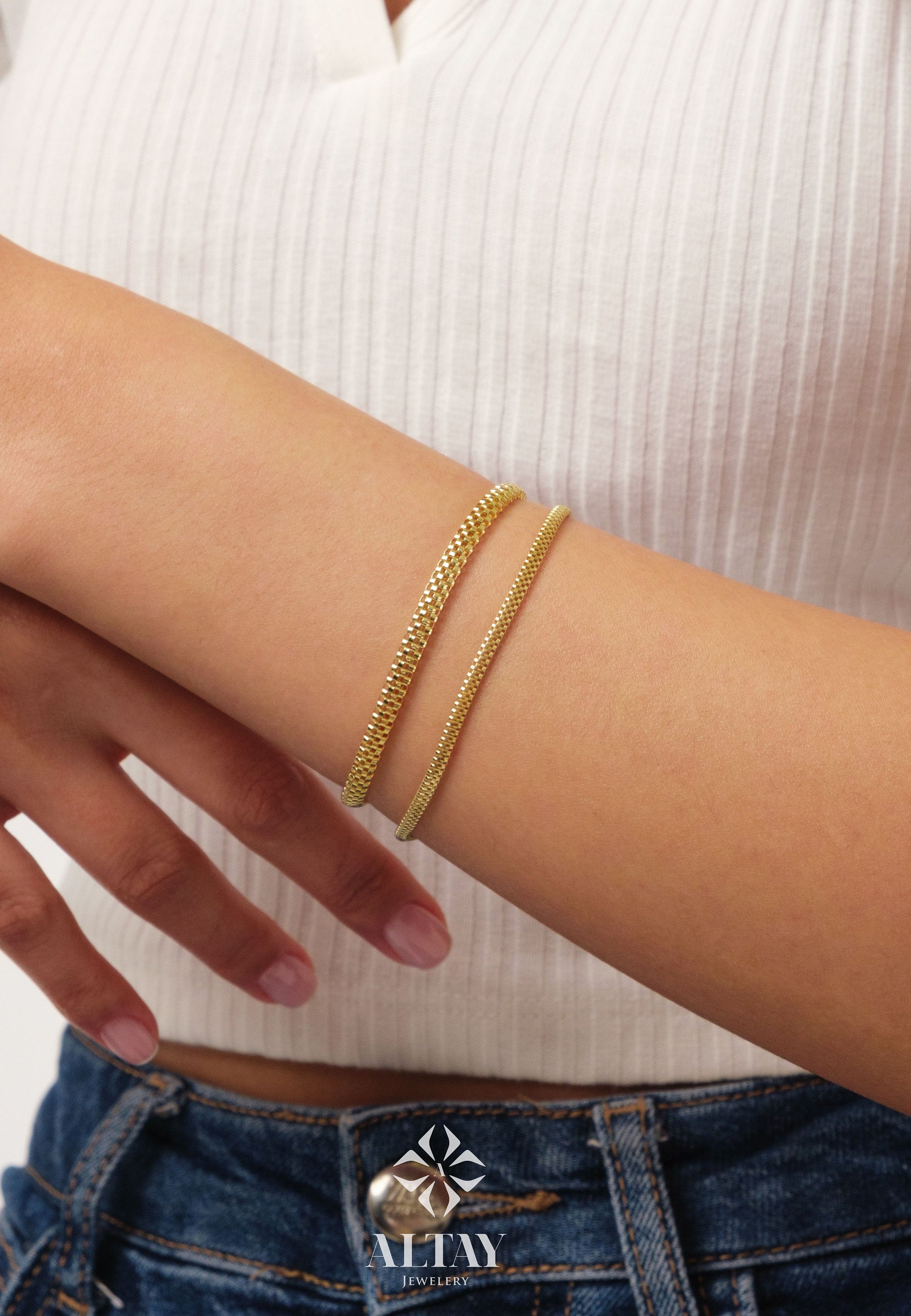 14K Gold Popcorn Bracelet, 4.5mm Curb Wrist Chain, Gold Herringbone Stack Link Chain, Braided Bismark Bracelet, Valentine's Day Gift