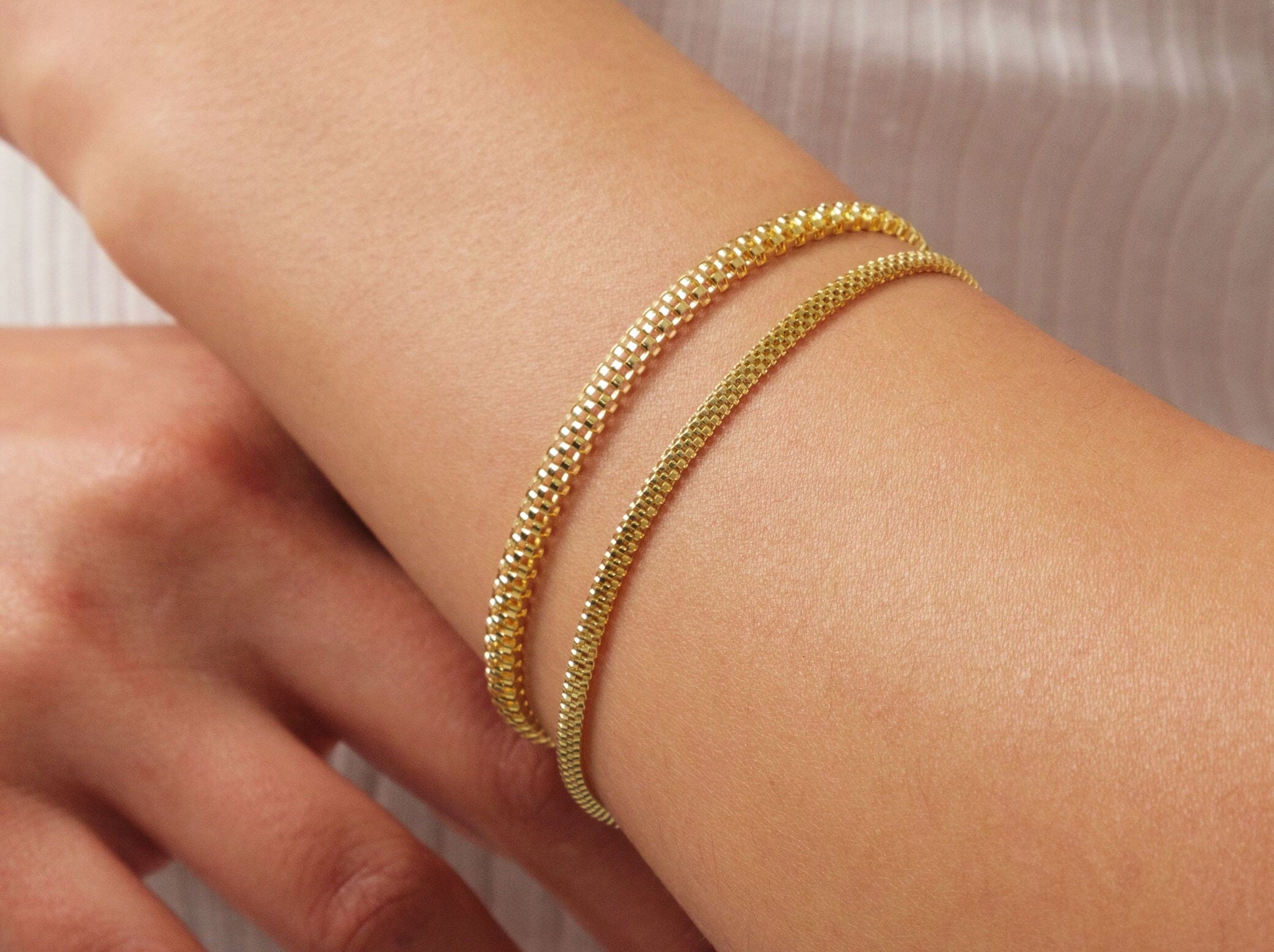 14K Gold Popcorn Bracelet, 4.5mm Curb Wrist Chain, Gold Herringbone Stack Link Chain, Braided Bismark Bracelet, Valentine's Day Gift