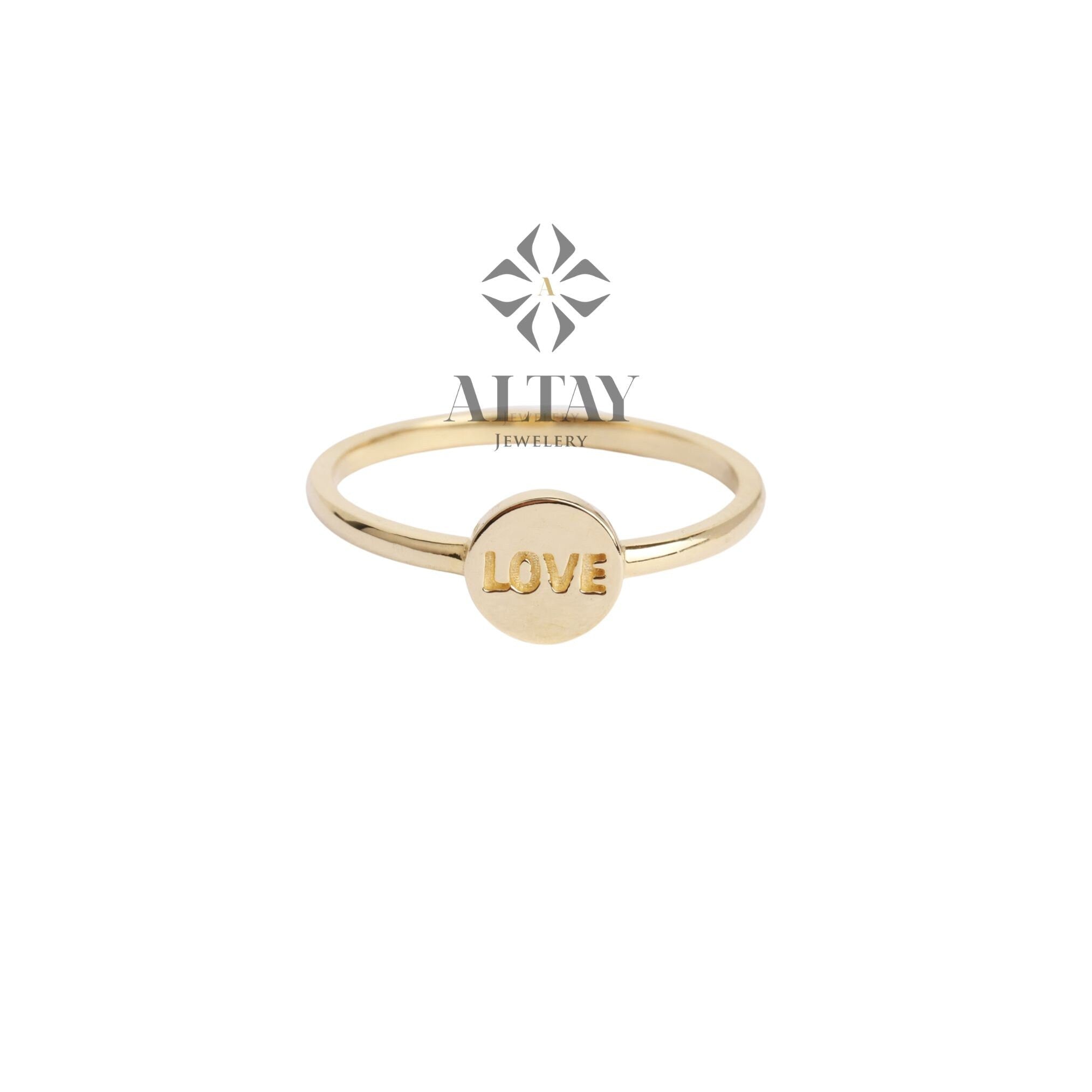 14K Gold Love Ring, Love Word Signet Ring, Stackable Round Love Ring, Dainty Script Love Ring, Love Engraved Ring, Stacking Love Jewelry