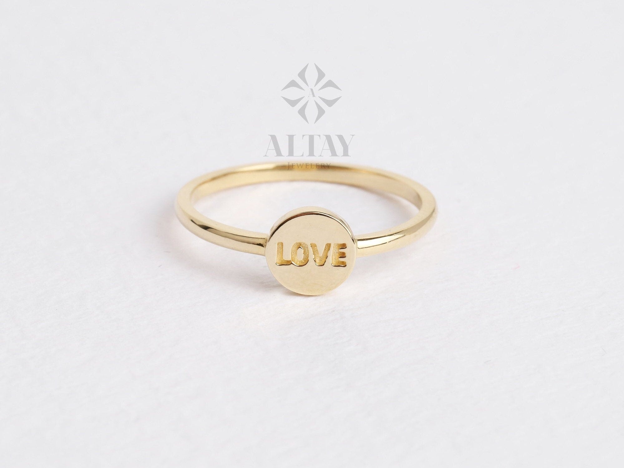 14K Gold Love Ring, Love Word Signet Ring, Stackable Round Love Ring, Dainty Script Love Ring, Love Engraved Ring, Stacking Love Jewelry