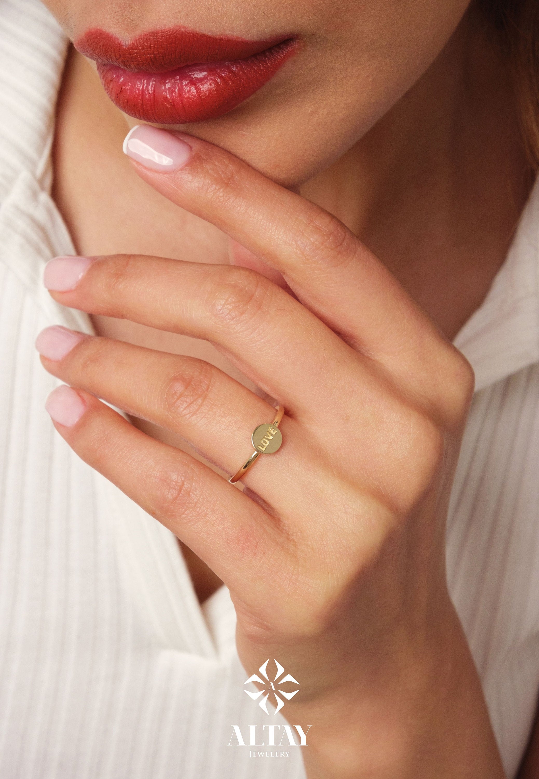 14K Gold Love Ring, Love Word Signet Ring, Stackable Round Love Ring, Dainty Script Love Ring, Love Engraved Ring, Stacking Love Jewelry