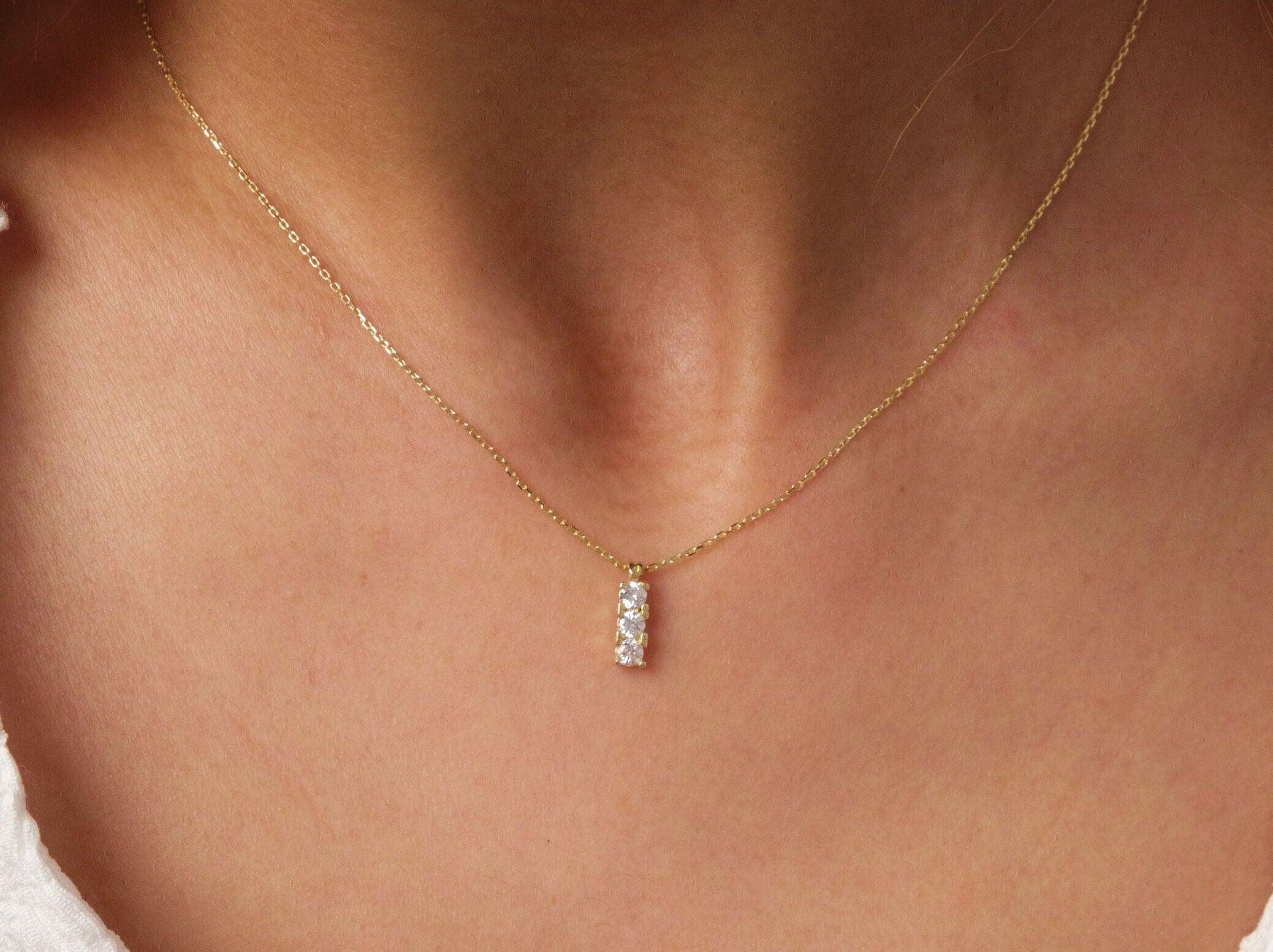 14K Gold Trio Cz Diamond Necklace, 3 Stone Necklace, Prong Set Pendant Necklace, Vertical Necklace, Bridesmaid Necklace, Bridal Gift