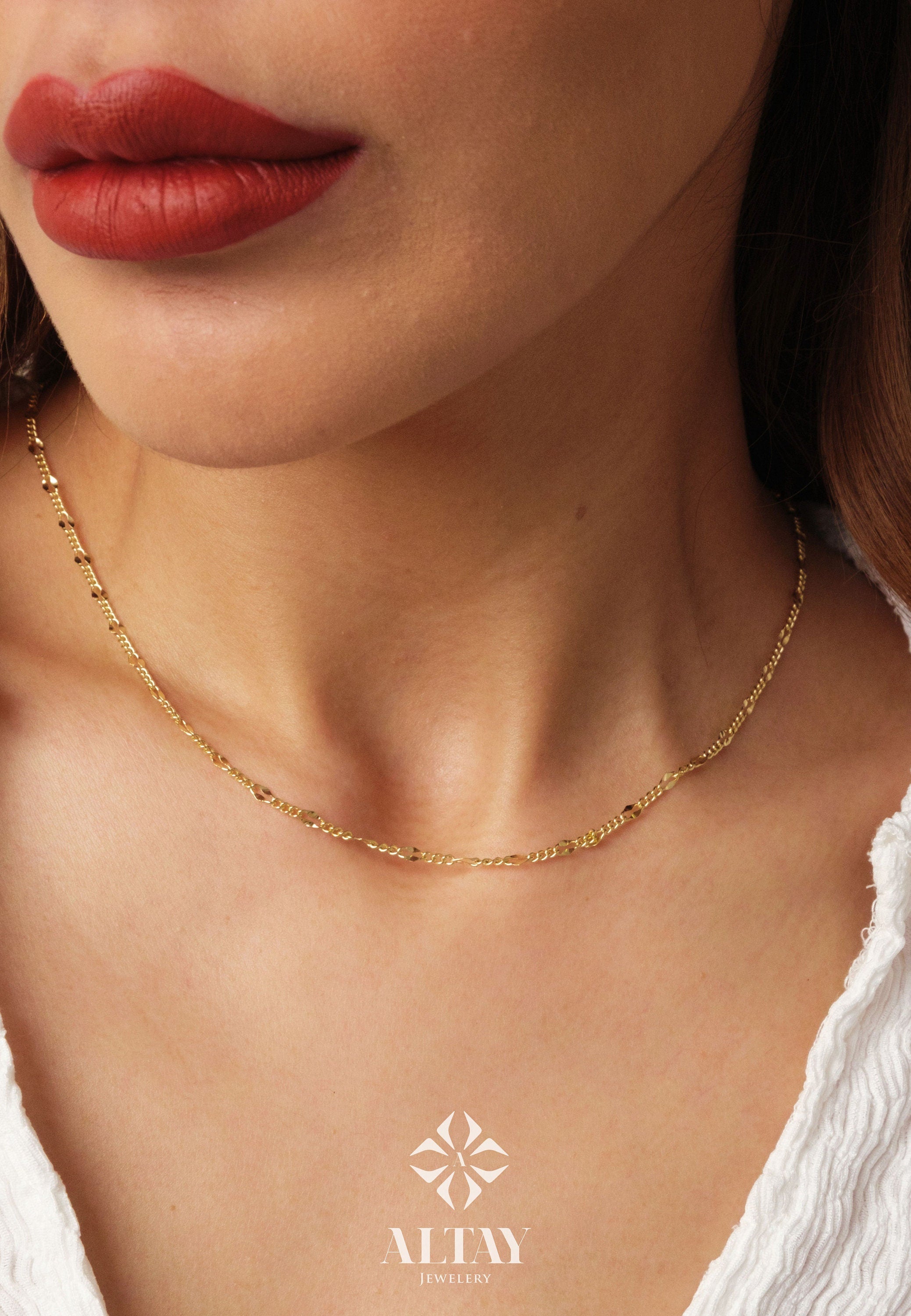 14K Gold Sequin Cuban Necklace, 2mm Glitter Cuban Chain Choker, Sparkle Thin Lace Charms, Delicate Mirror Curb Chain Necklace, Gift For Her