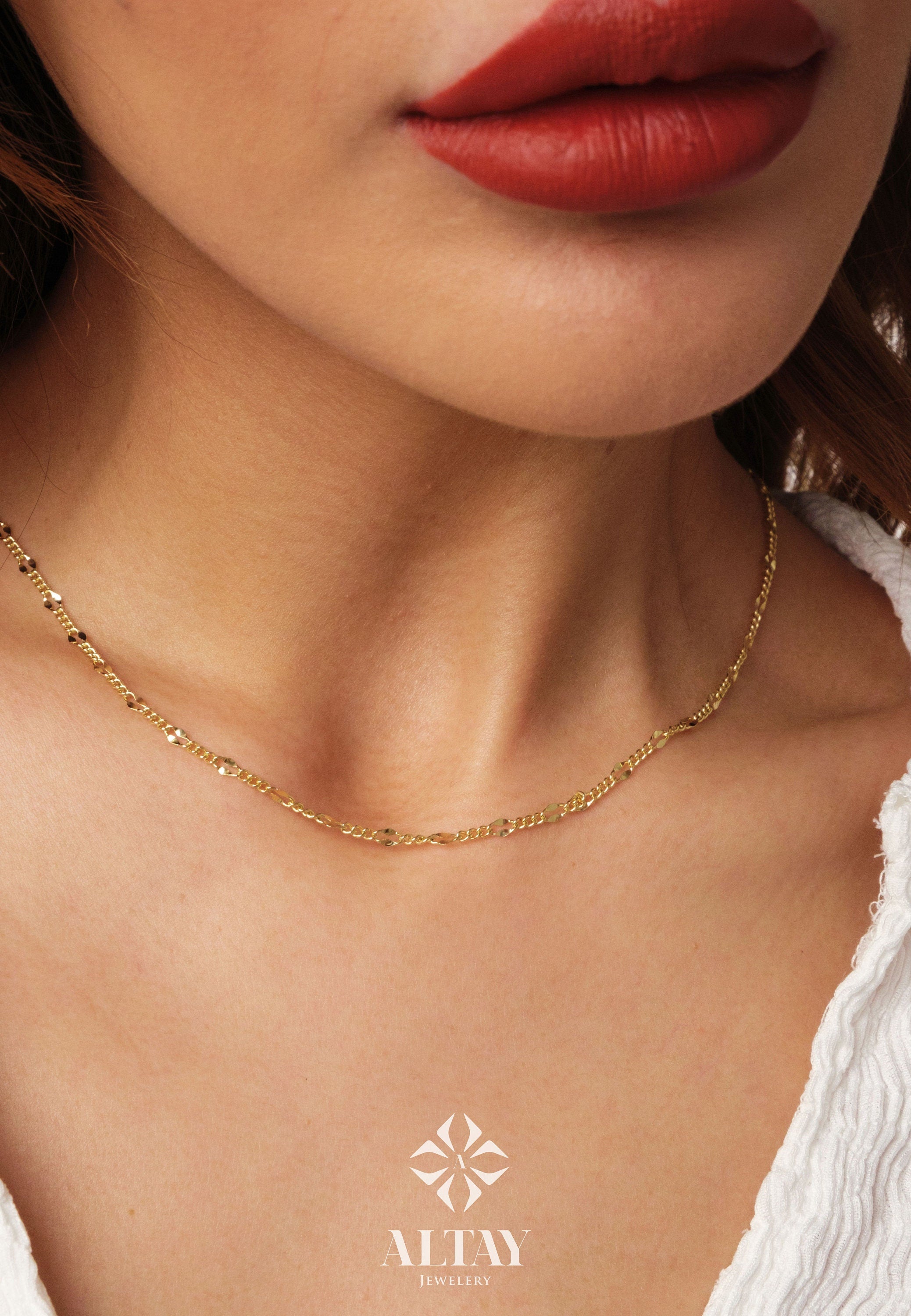 14K Gold Sequin Cuban Necklace, 2mm Glitter Cuban Chain Choker, Sparkle Thin Lace Charms, Delicate Mirror Curb Chain Necklace, Gift For Her