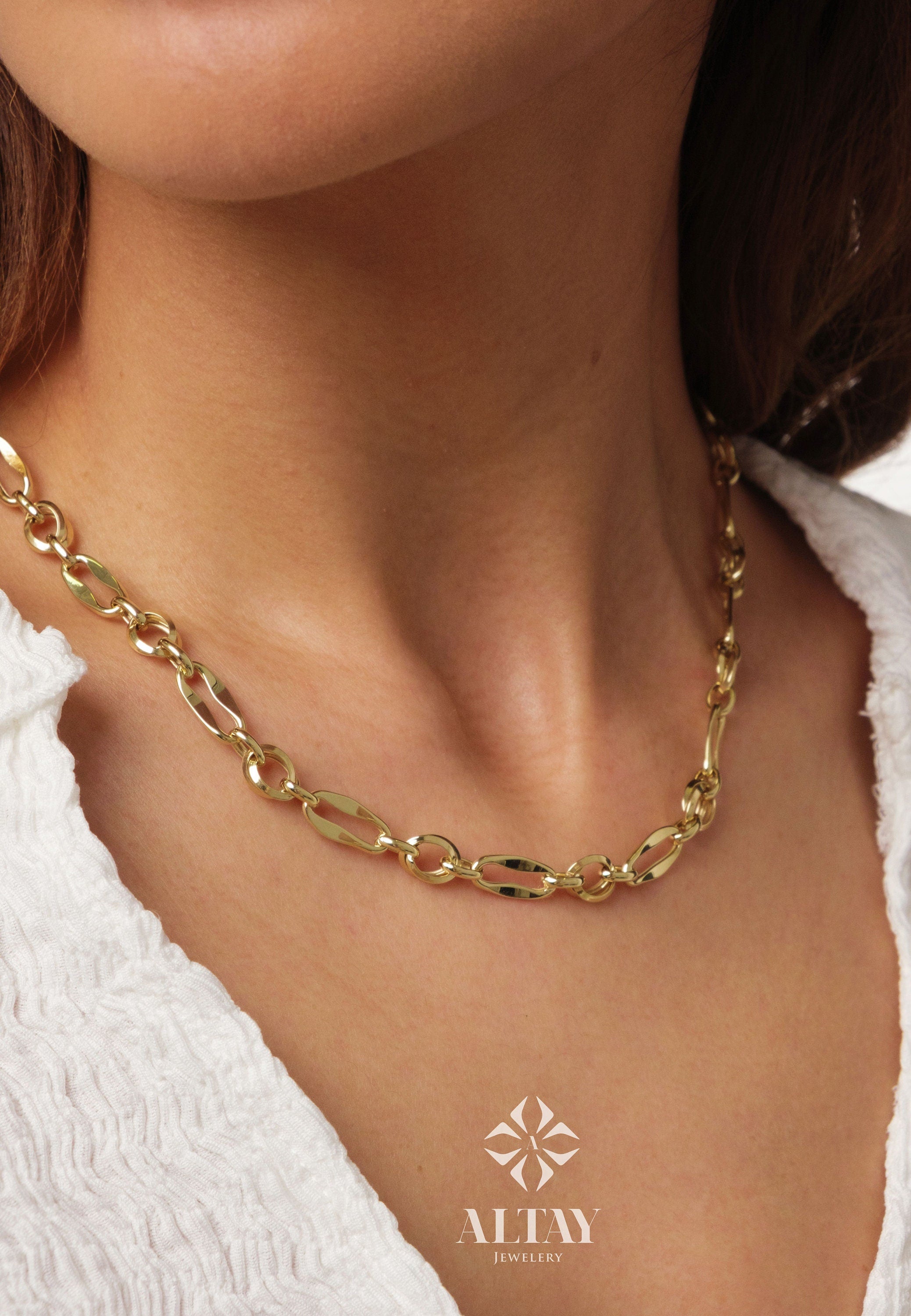 14K Gold Paperclip Rolo Chain Necklace, Rectangle Long Link Gold Chain, Chunky Oval Link Necklace, Layered Everyday Jewelry