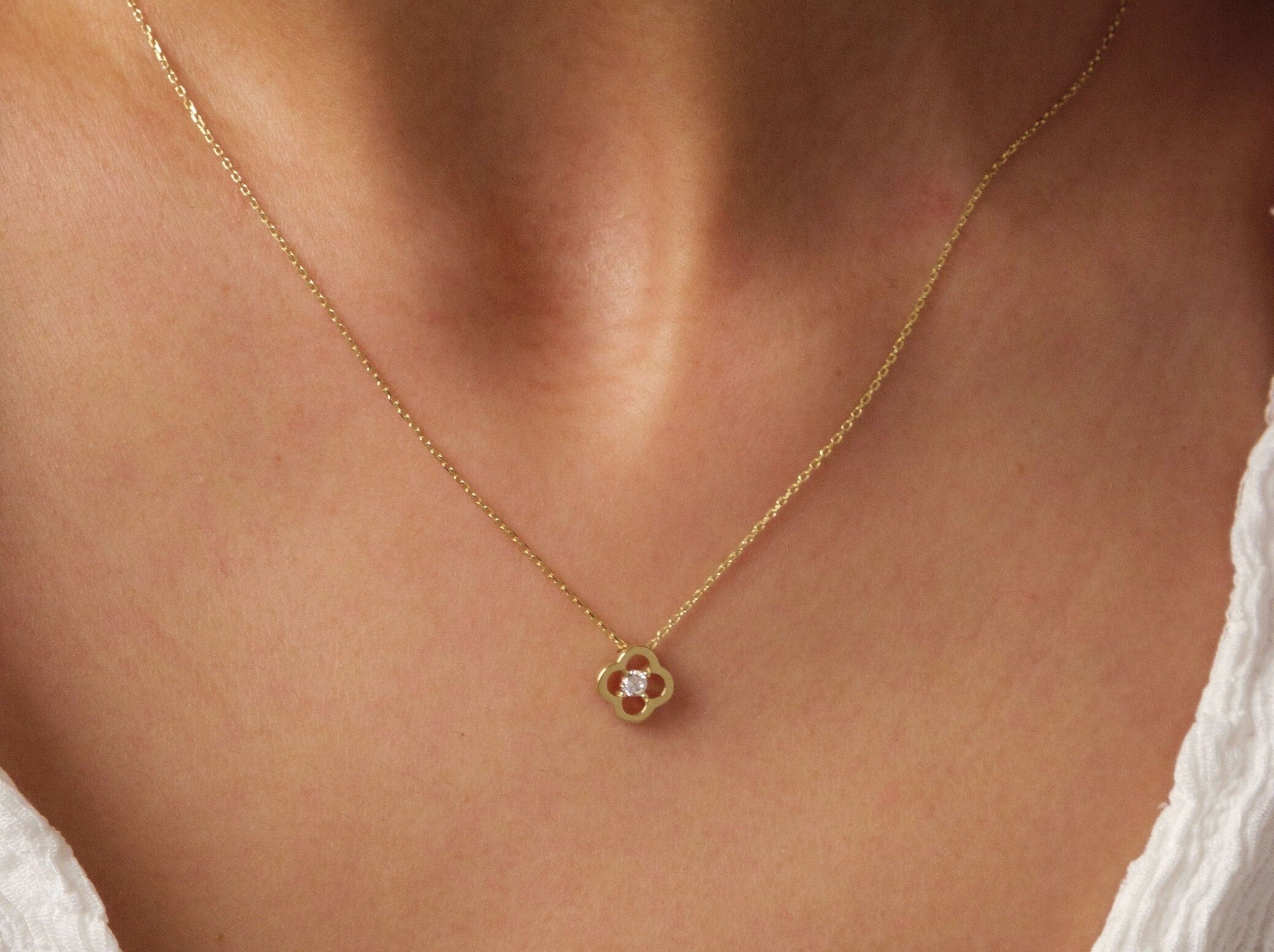 14K Gold Clover Necklace, Cz Diamond Necklace, Small Clover Necklace, Good Luck Charm, Clover Charm Pendant, Pave Four Leaf Necklace