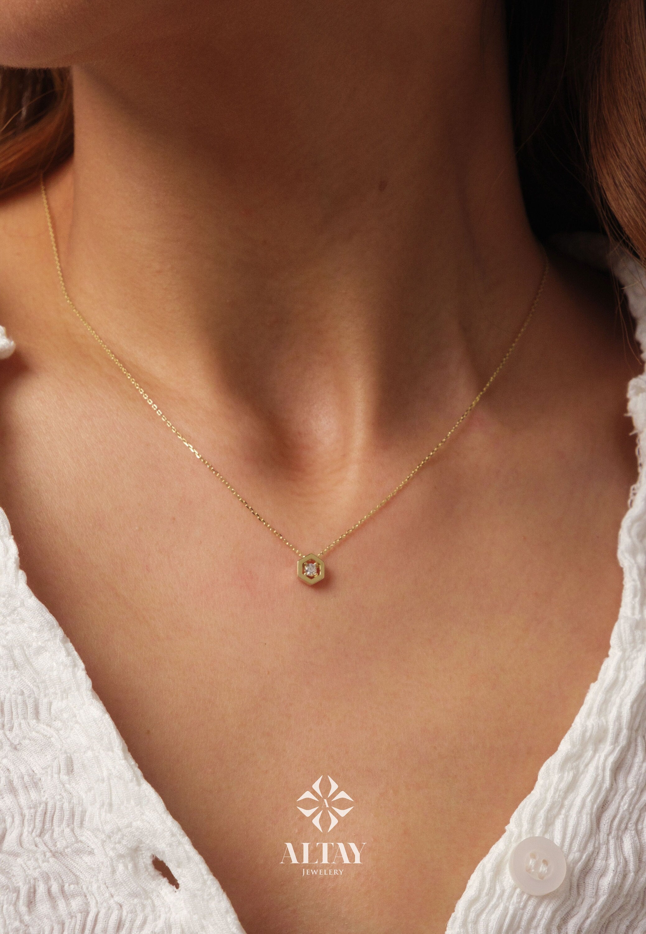 14K Gold Solitaire Necklace, Hexagon Cz Diamond Solitaire Pendant, Layering Gold Necklace, Single Stone Necklace, Geometric Necklace