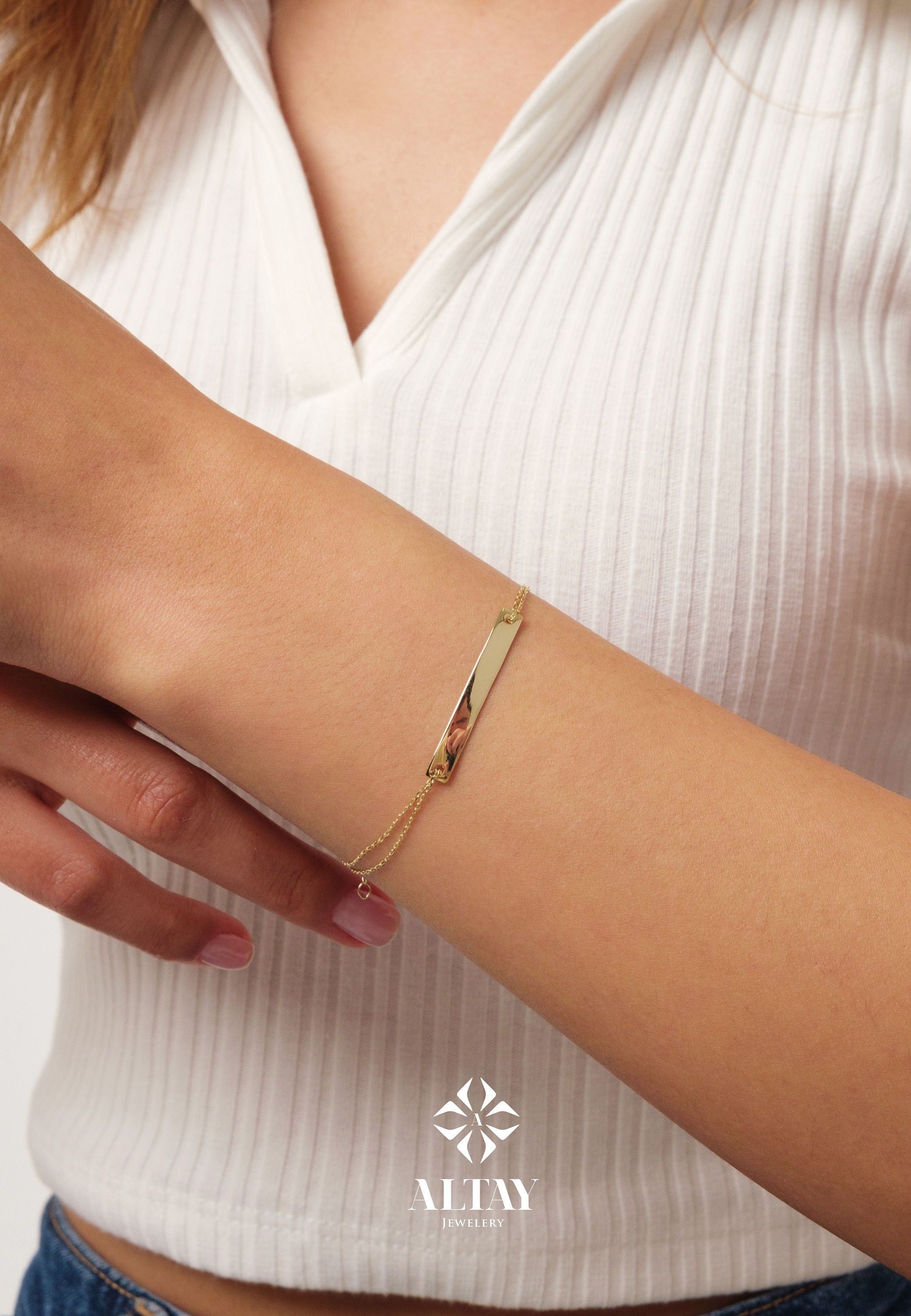 Custom Name Bracelet in 14K Gold - Engraved Bar Bracelet for Special Occasions