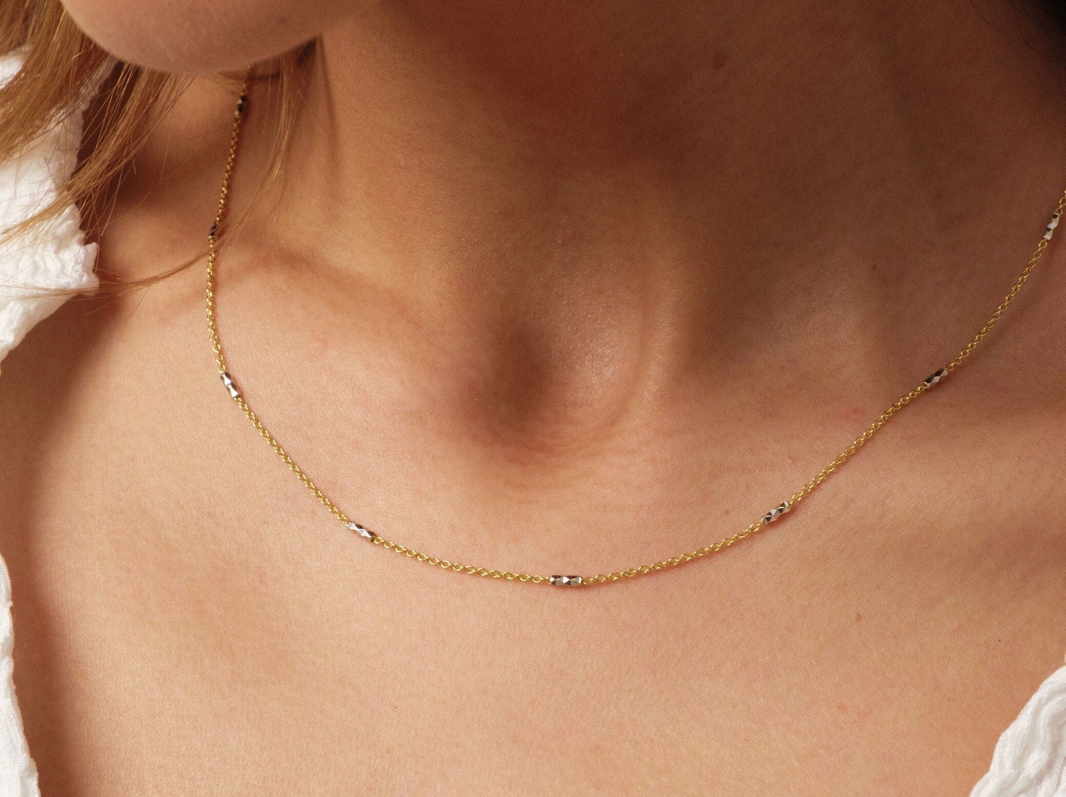 14K Gold Two Tone Chain Necklace, Tube Chain Choker, Cylinder Long Tube Chain, Christening, Chunky Chain Rolo, Two-Tone Necklace
