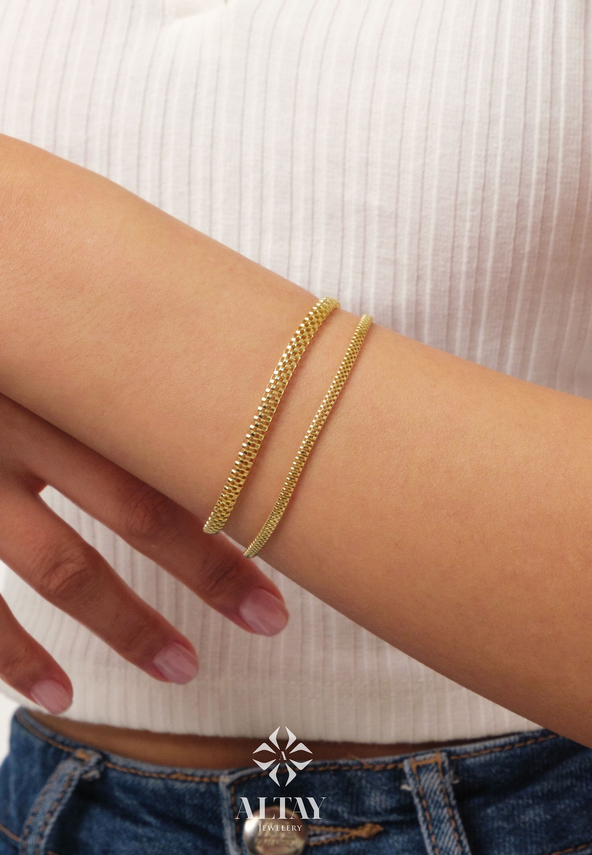 14K Gold Popcorn Bracelet, 4.5mm Curb Wrist Chain, Gold Herringbone Stack Link Chain, Braided Bismark Bracelet, Valentine's Day Gift