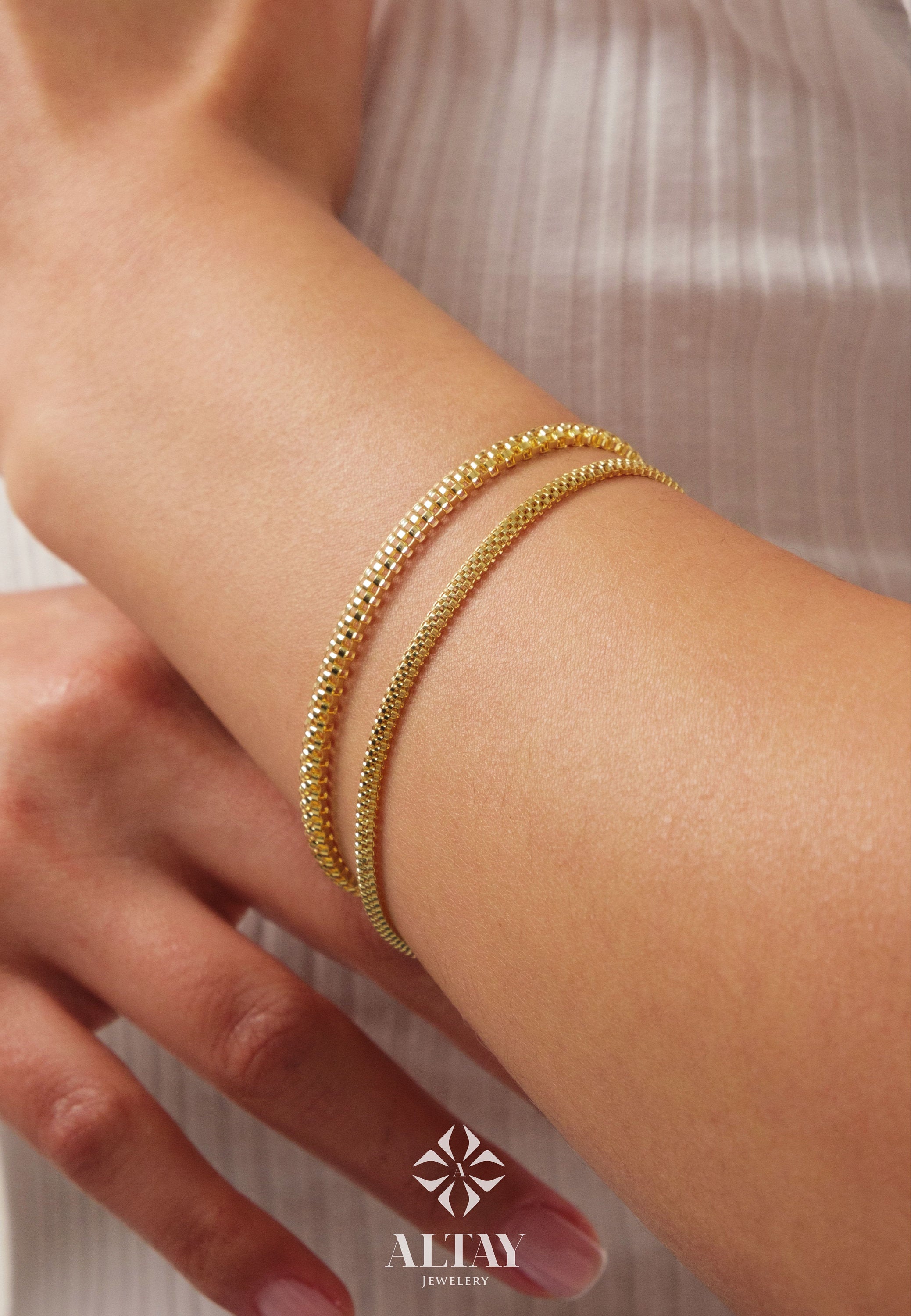 14K Gold Popcorn Bracelet, 4.5mm Curb Wrist Chain, Gold Herringbone Stack Link Chain, Braided Bismark Bracelet, Valentine's Day Gift