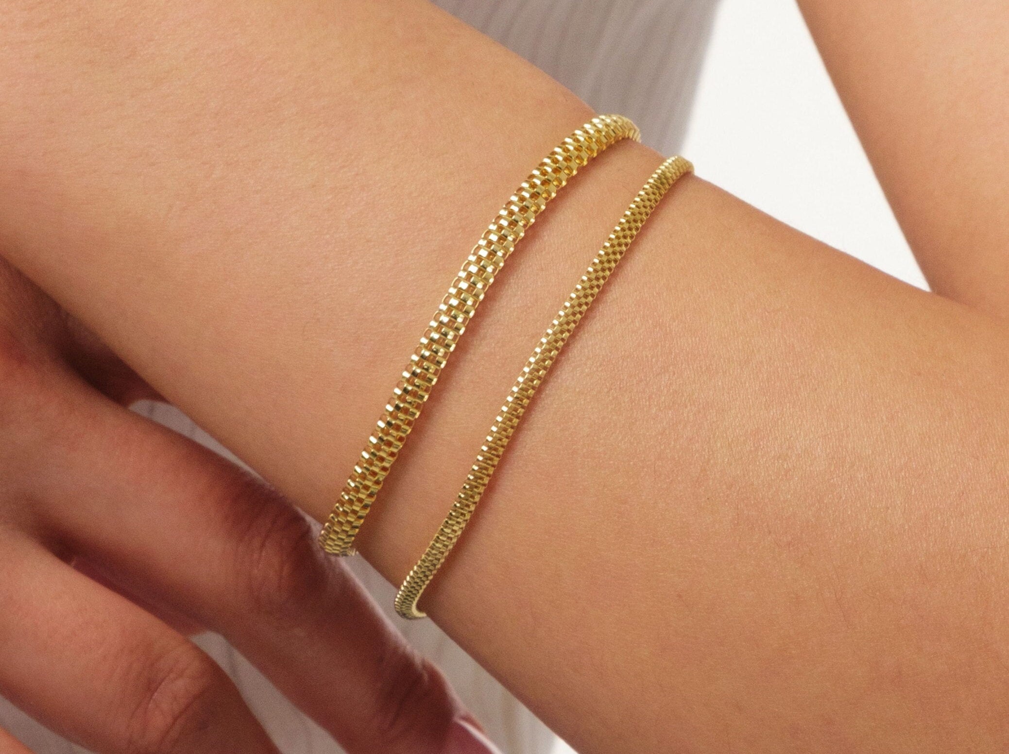 14K Gold Popcorn Bracelet, 4.5mm Curb Wrist Chain, Gold Herringbone Stack Link Chain, Braided Bismark Bracelet, Valentine's Day Gift