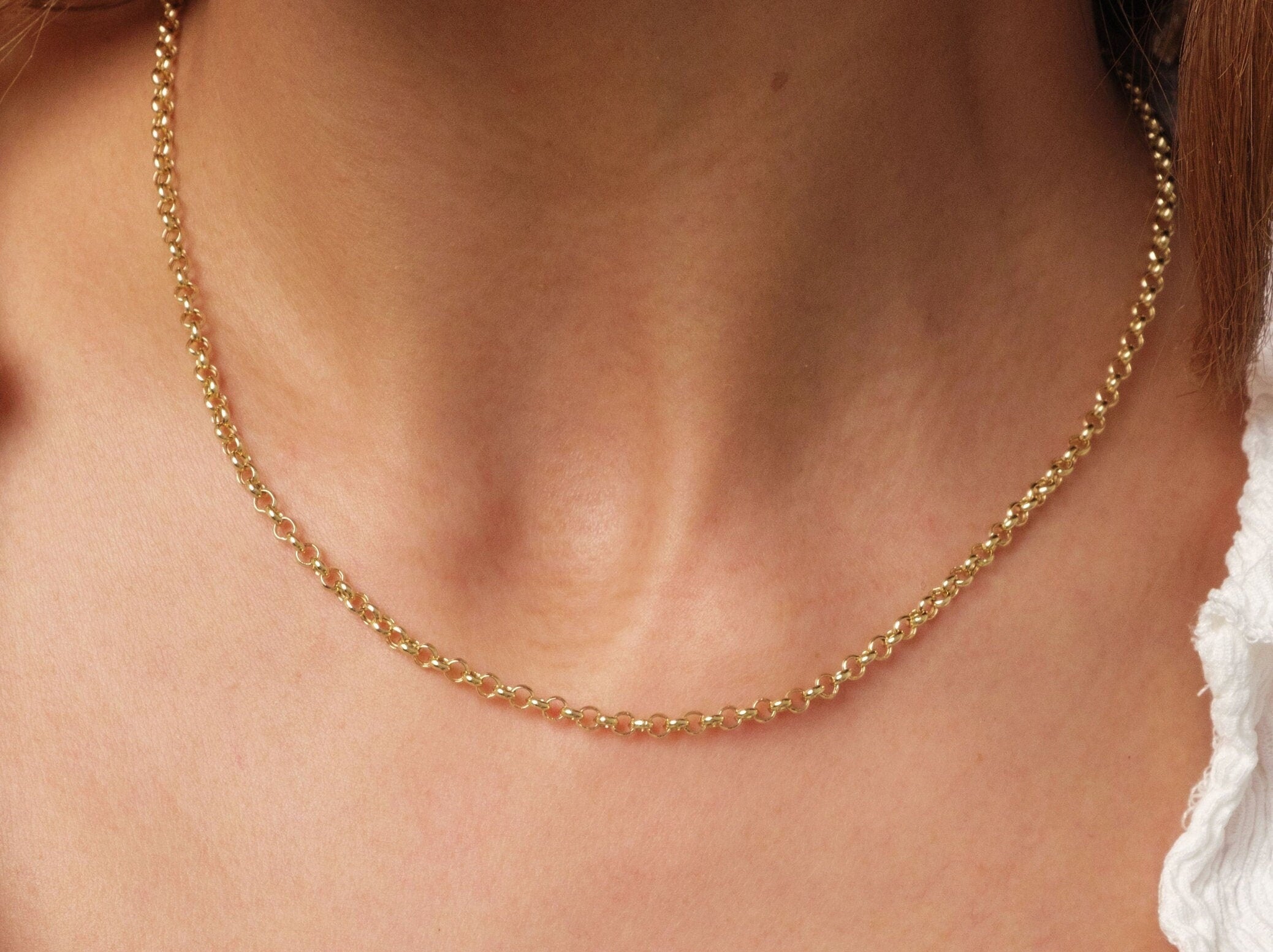 14K Gold Rolo Chain Necklace, 3mm Gold Link Belcher Chain Choker, Round Link Charm Necklace, Minimal Delicate Round Necklace, Woman, Men