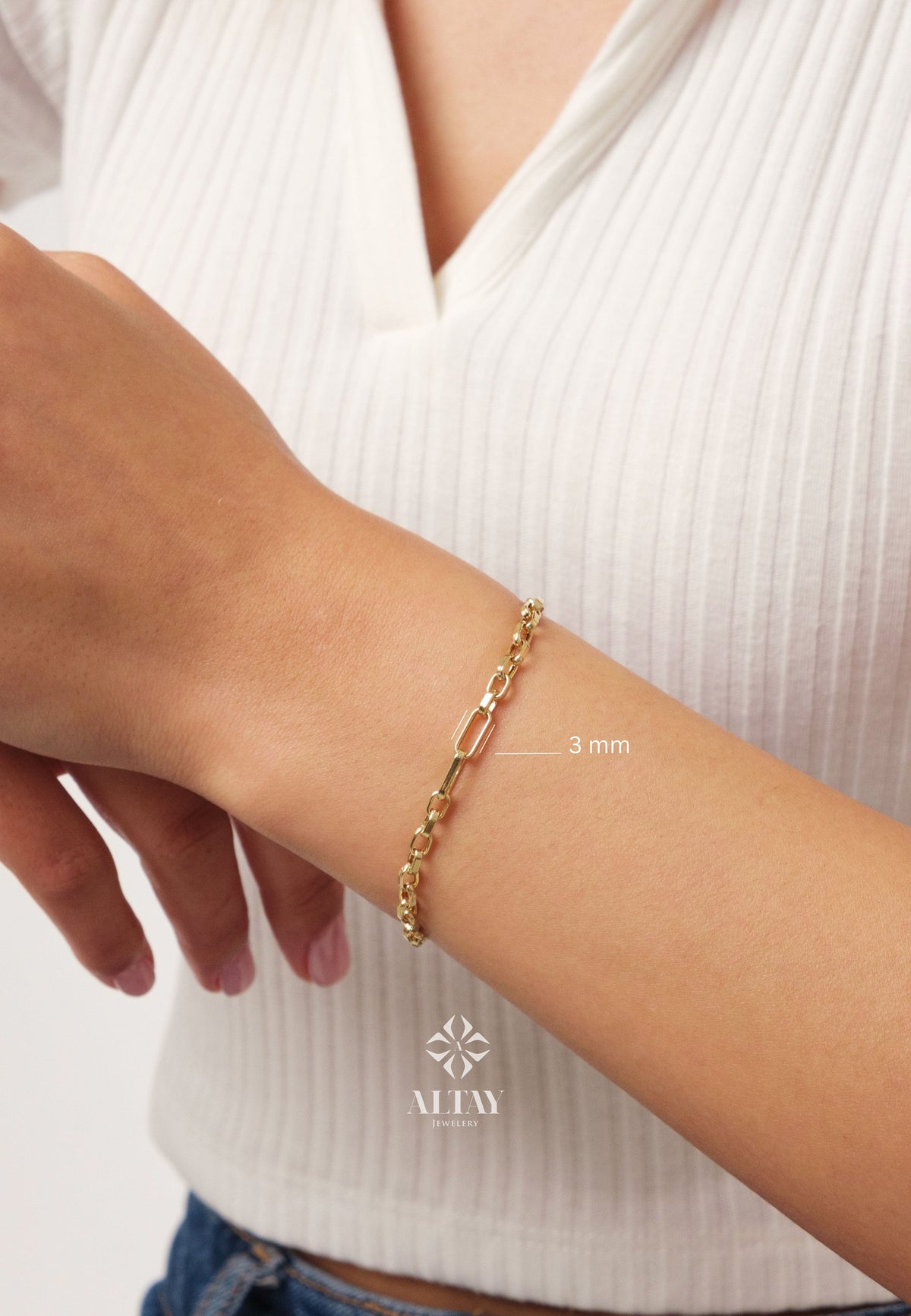 14K Gold Paperclip Chain Bracelet, 3mm Rectangle Paper Clip Chain, Thick Square Box Link, Square Rolo Gold Link, Woman Man Gold Bracelet