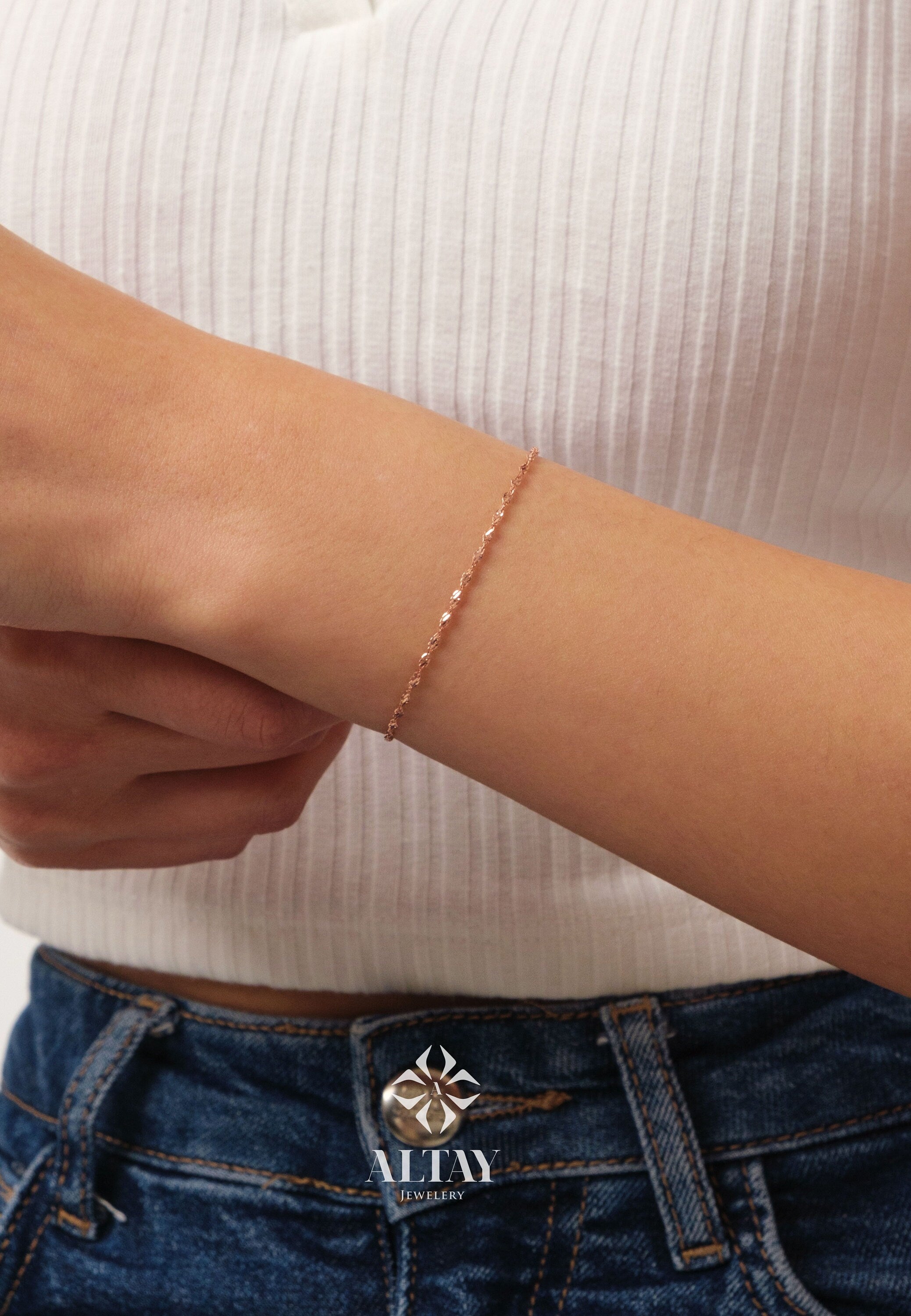 14K Gold Singapore Chain Bracelet, 1.2mm Twisted Gold Bracelet, Shiny Minimal Gold Jewelry, Stacking Bracelet Gift