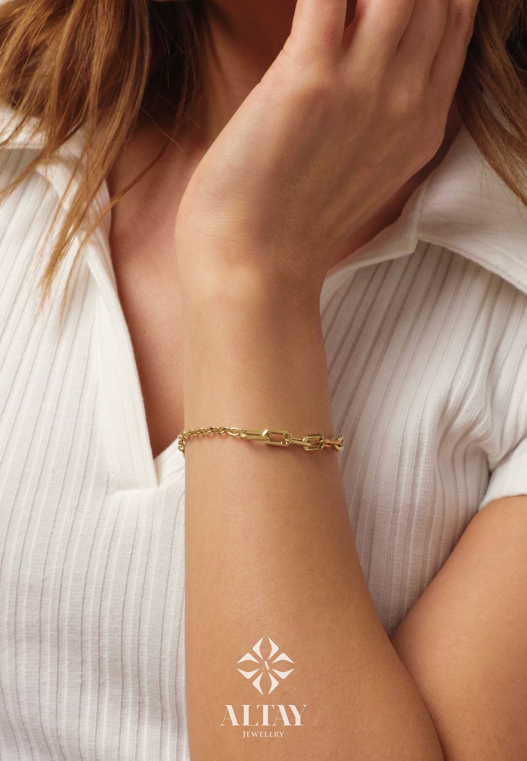 14K Gold Paperclip Rolo Chain Bracelet, Rectangle Paper Clip Chain, Gold Thick Flat Oval Link, Round Rolo Gold Link, Women Men Gold Bracelet