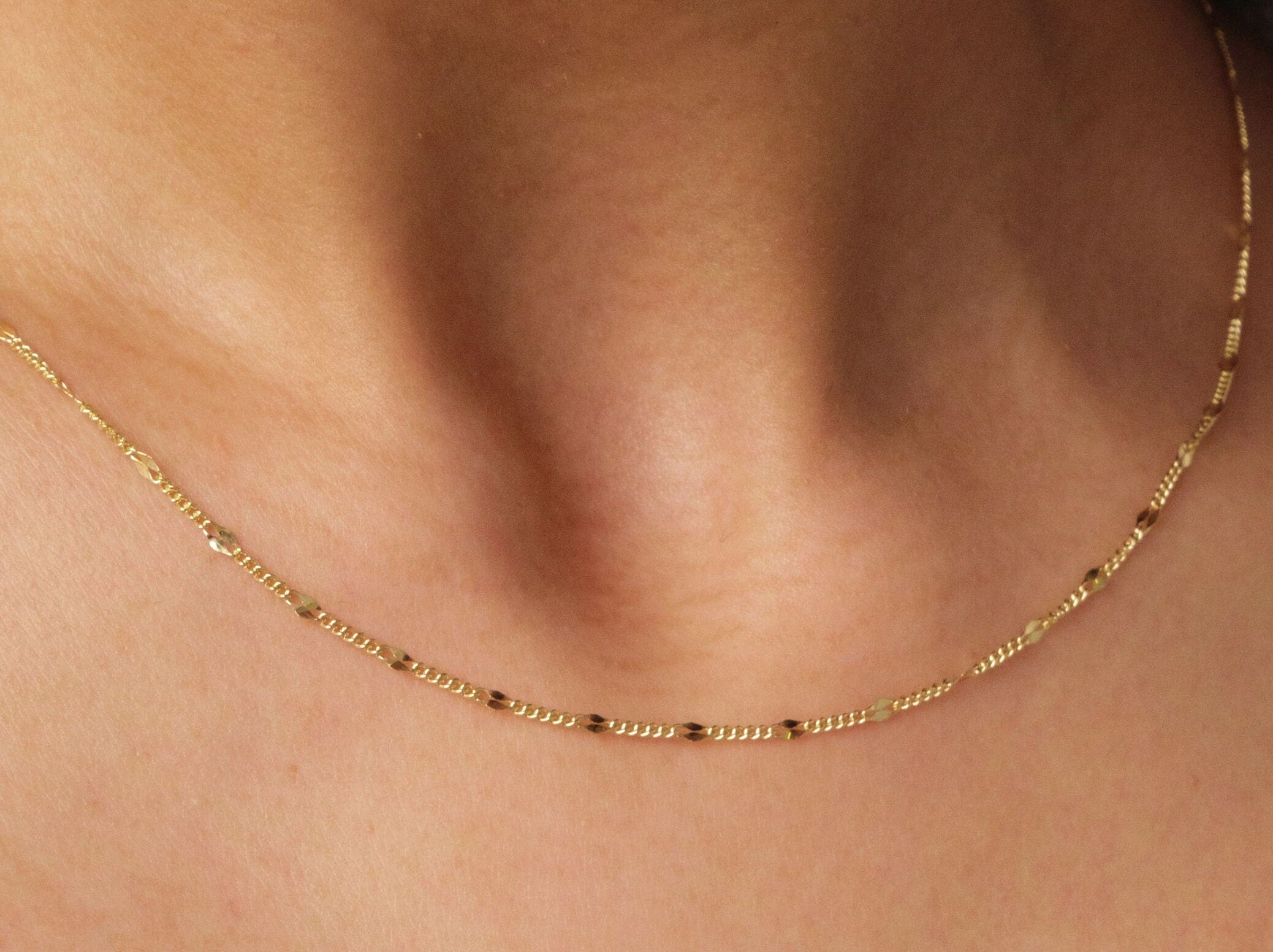 14k Solid 2mm Gold Necklace On Neck 2mm 18K Gold Chain Necklace