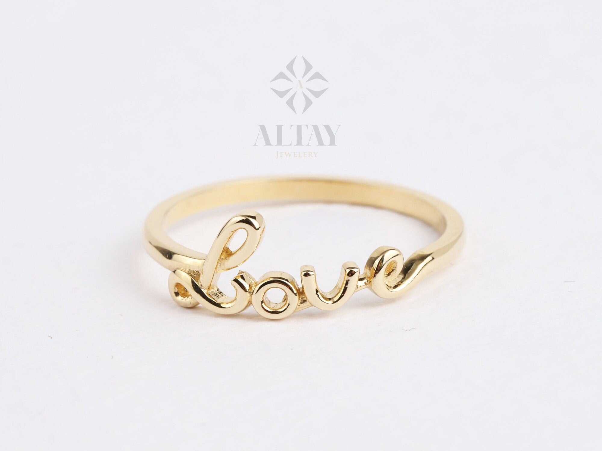 14K Gold Love Ring, Cursive Love Word Signet Ring, Stackable Love Ring, Dainty Script Love Ring, Love Engraved Gold Ring, Engagement Ring