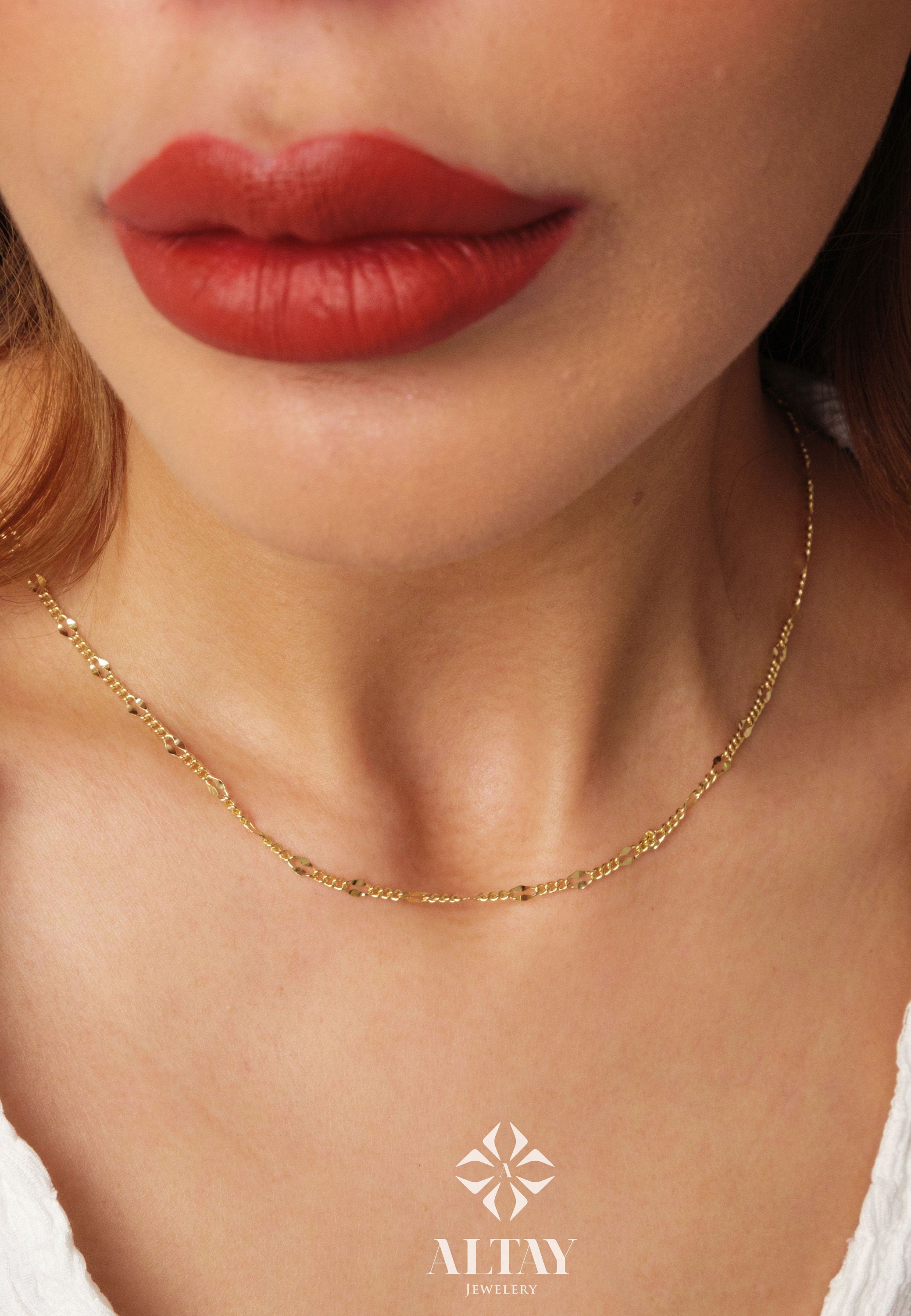 14K Gold Sequin Cuban Necklace, 2mm Glitter Cuban Chain Choker, Sparkle Thin Lace Charms, Delicate Mirror Curb Chain Necklace, Gift For Her