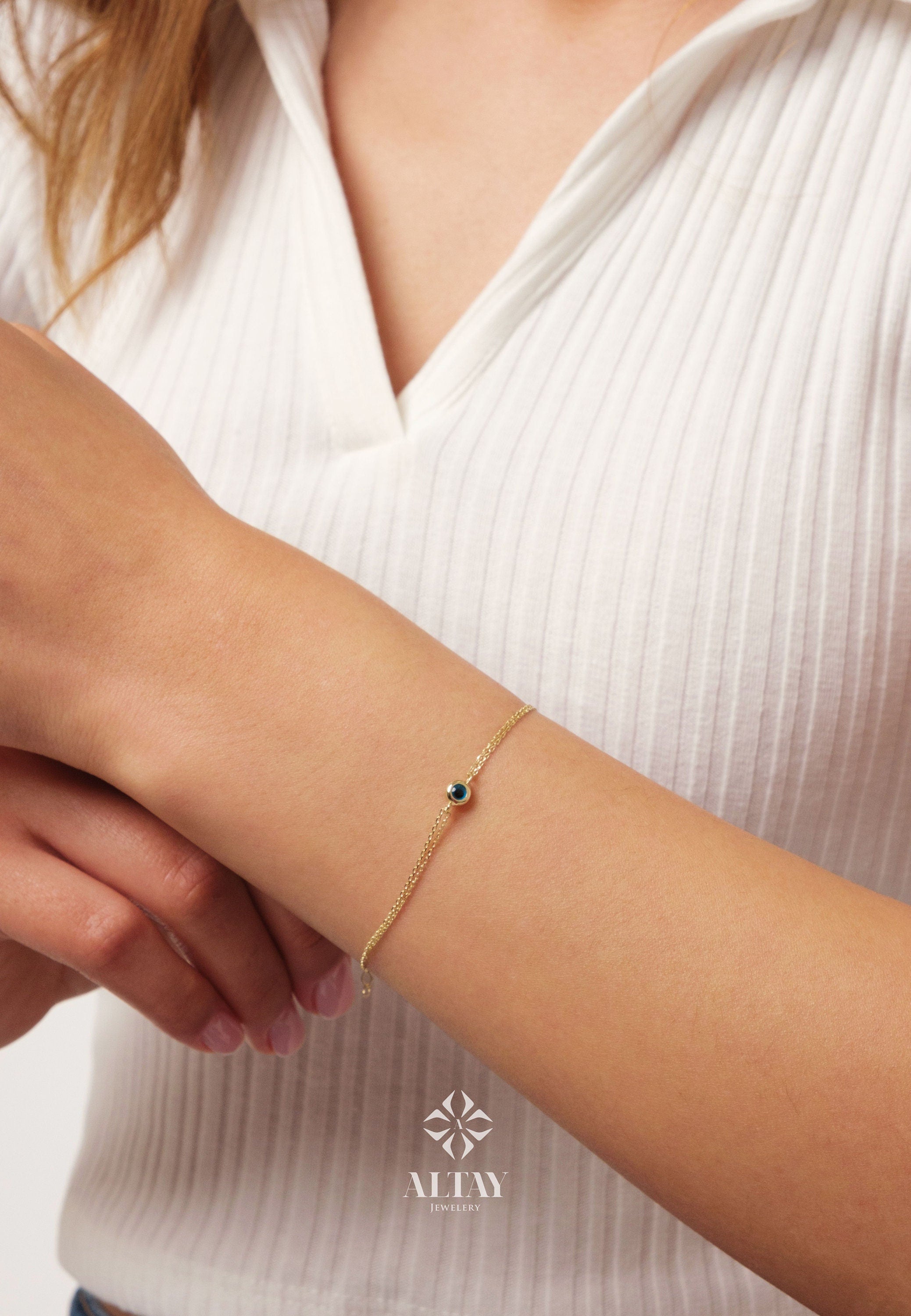 14K Gold Evil Eye Bracelet, Evil Eye Charm Bracelet, Gold Cable Chain Bracelet, Minimalist Everyday Protective Jewelry, Gift For Wife