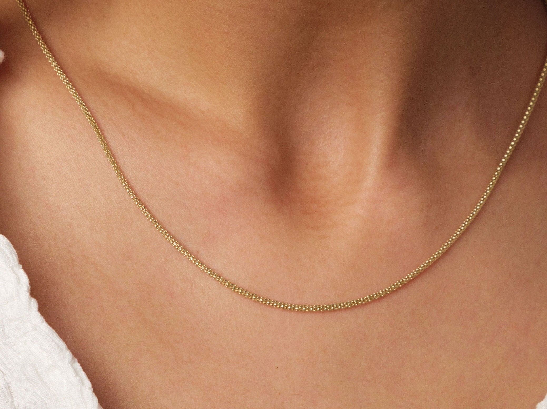 14K Gold Popcorn Necklace, 2mm Curb Choker Chain, Gold Herringbone Stack Link Chain, Braided Bismark Necklace, Valentine's Day Gift