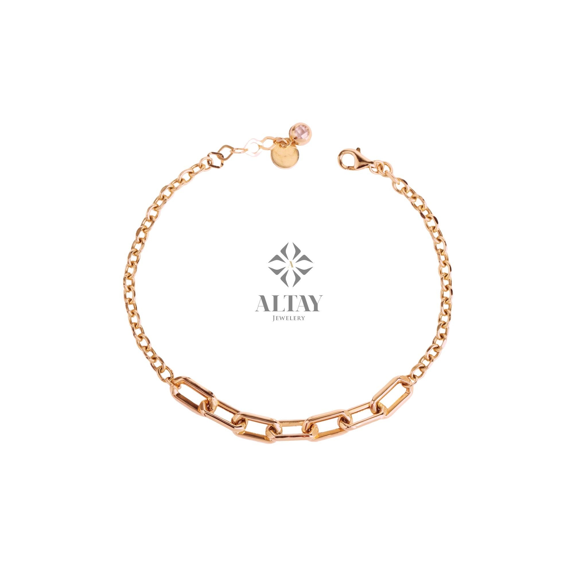 14K Gold Paperclip Rolo Chain Bracelet, Rectangle Paper Clip Chain, Gold Thick Flat Oval Link, Round Rolo Gold Link, Women Men Gold Bracelet