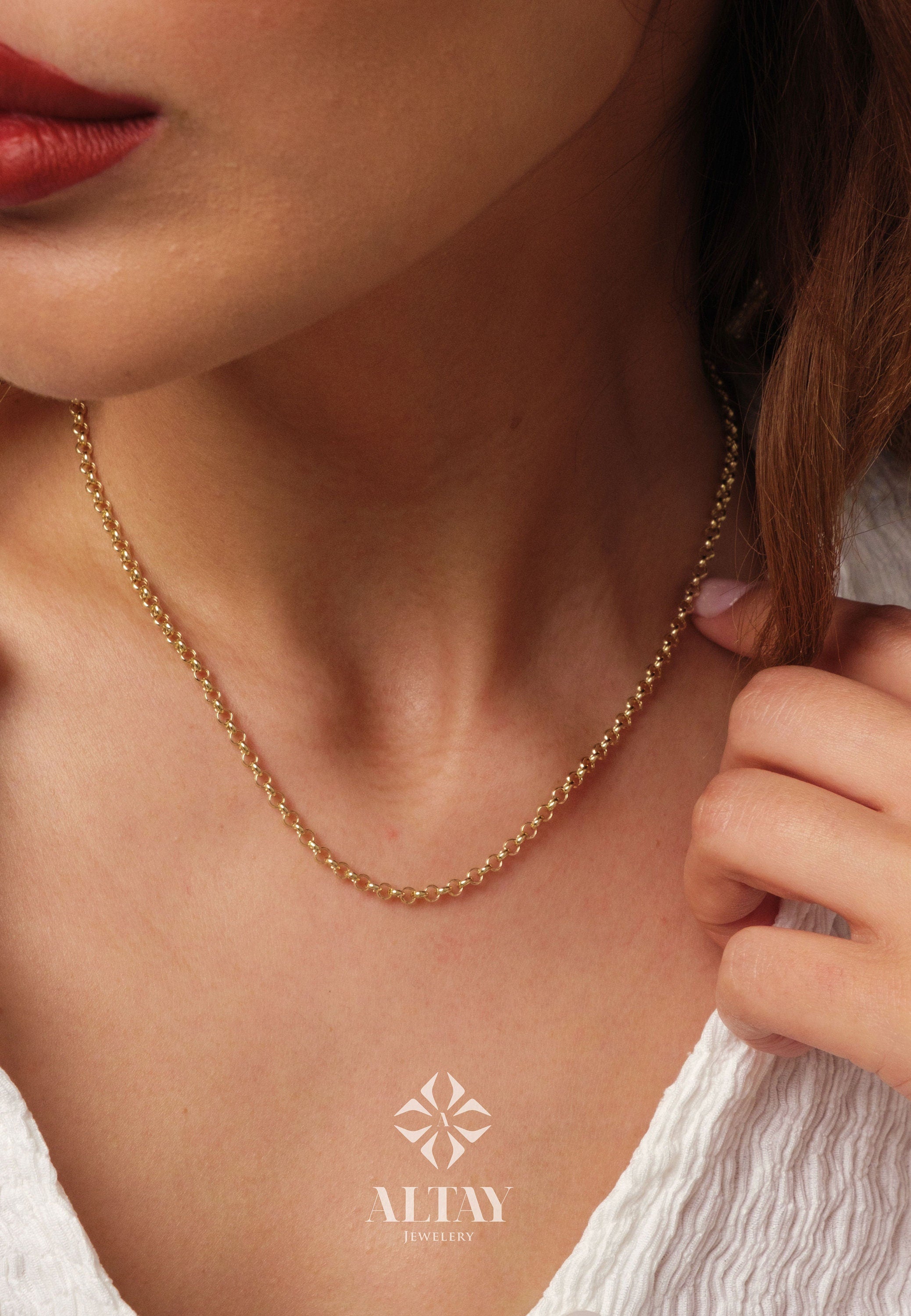 14K Gold Rolo Chain Necklace, 3mm Gold Link Belcher Chain Choker, Round Link Charm Necklace, Minimal Delicate Round Necklace, Woman, Men