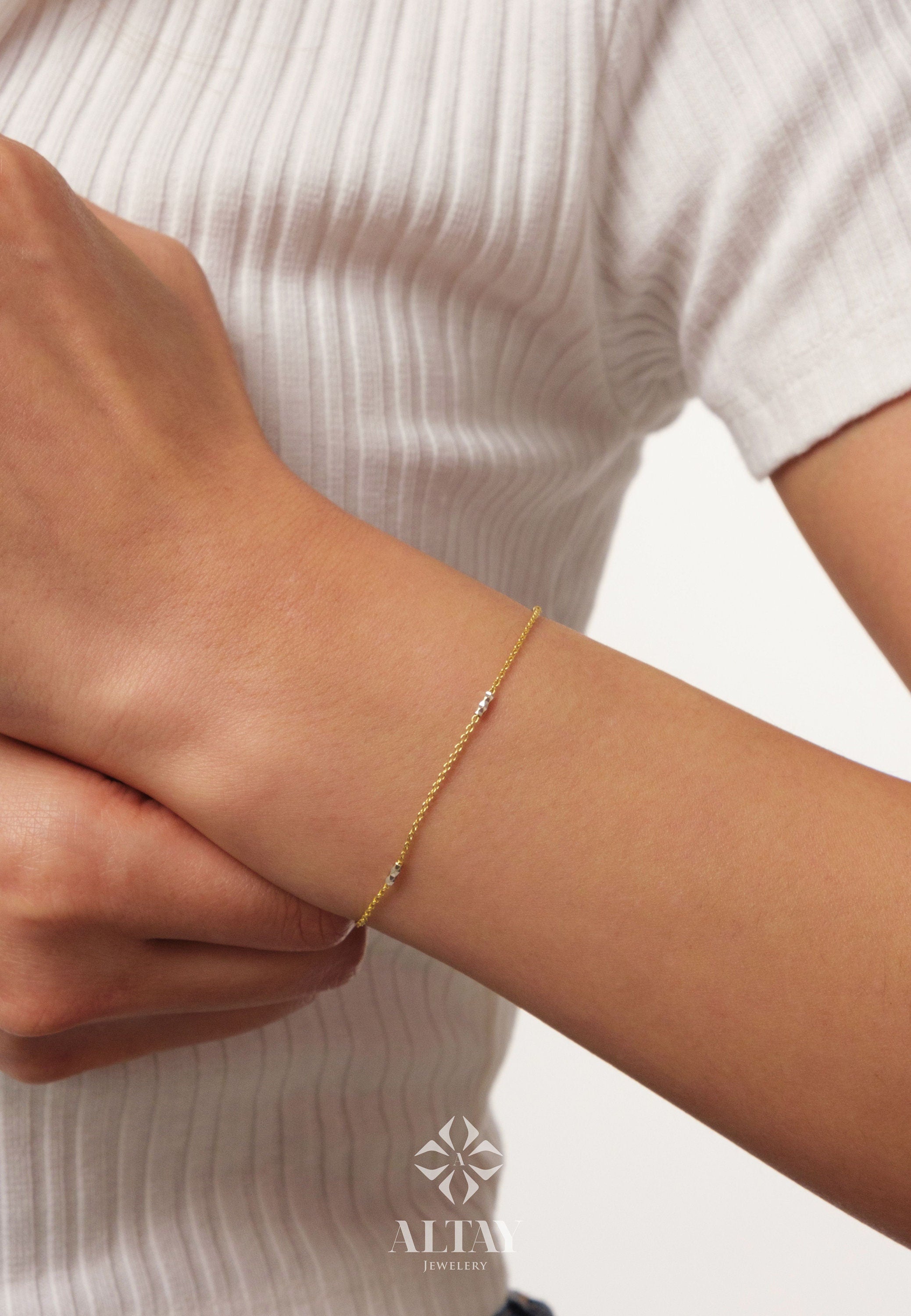14K Gold Two Tone Chain Bracelet, Tube Chain Bracelet, Cylinder Long Tube Chain, Christening, Chunky Chain Rolo, Two-Tone Bracelet