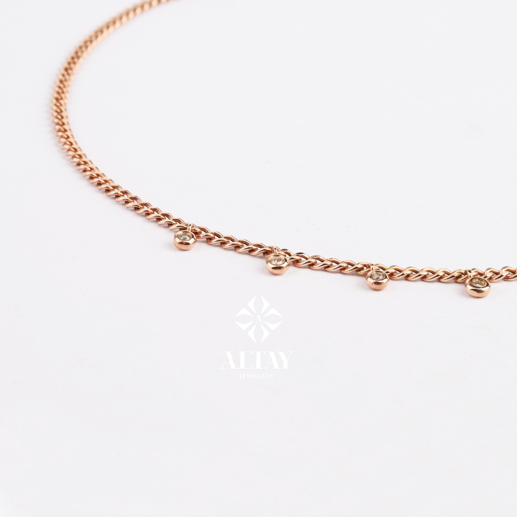 14K Gold Diamond Station Necklace, 0.23 ct Bezel Set Diamond Choker Necklace, Cuban Chain Dainty Gold Necklace, Multi Diamond Necklace