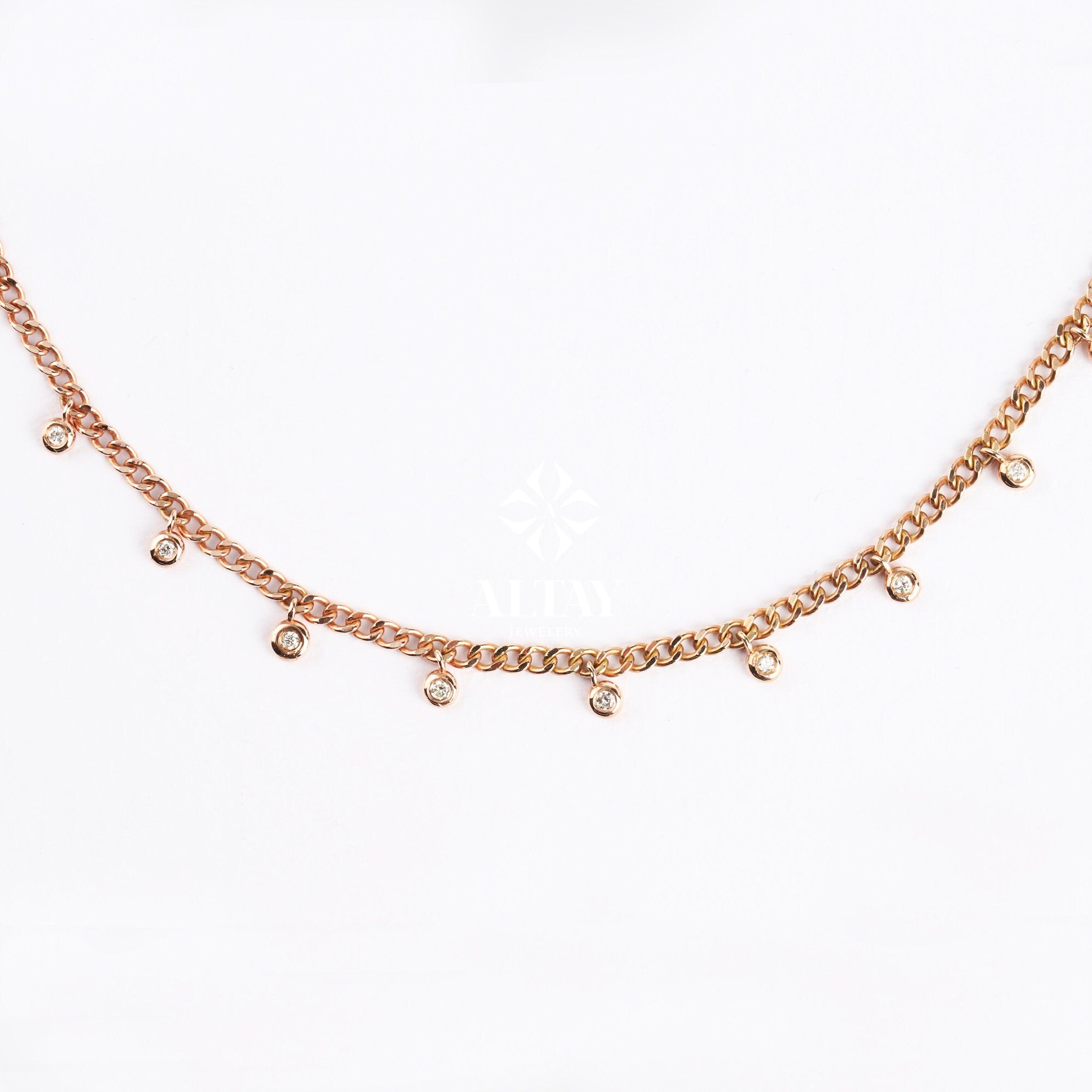 14K Gold Diamond Station Necklace, 0.23 ct Bezel Set Diamond Choker Necklace, Cuban Chain Dainty Gold Necklace, Multi Diamond Necklace