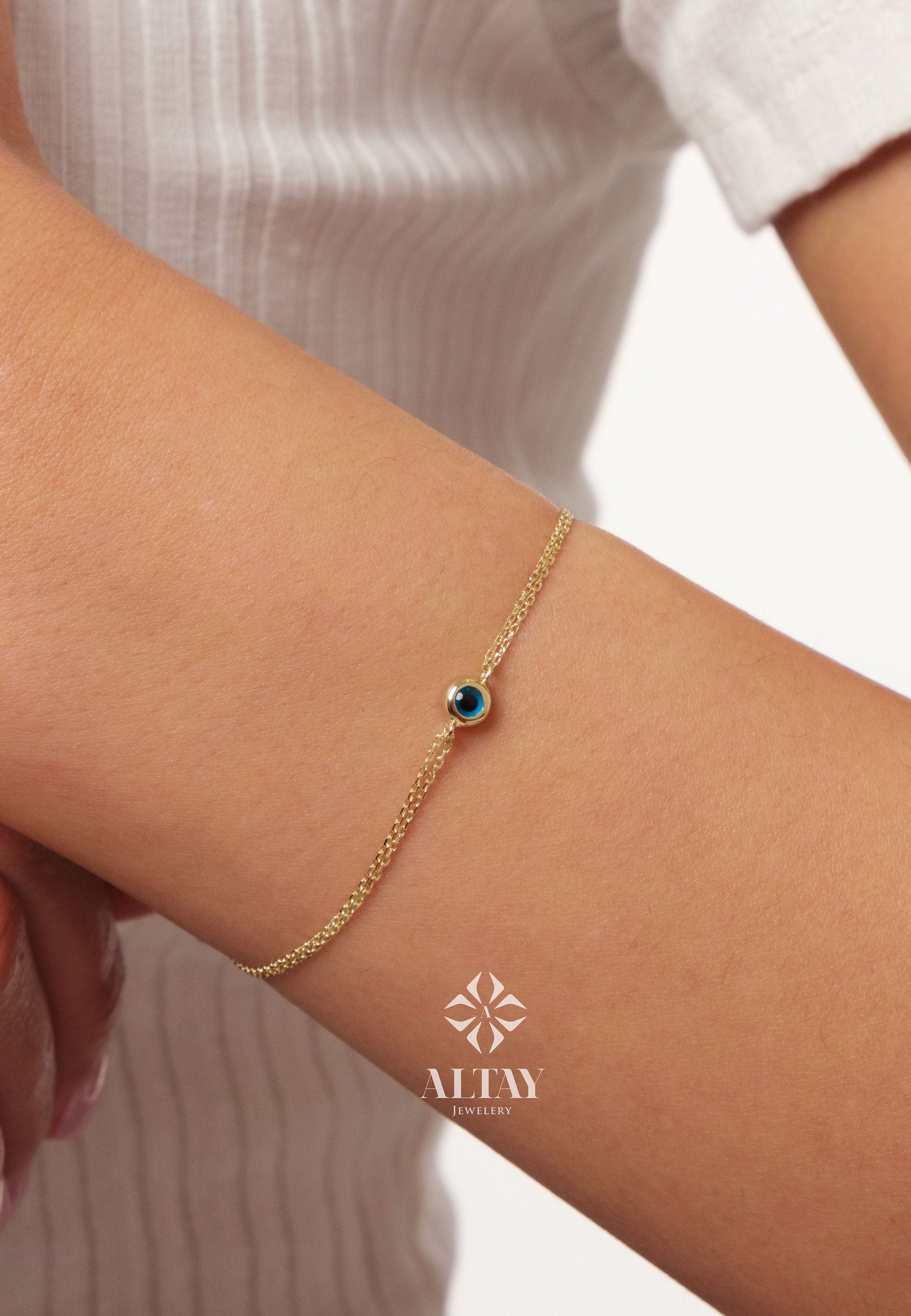 14K Gold Evil Eye Bracelet, Evil Eye Charm Bracelet, Gold Cable Chain Bracelet, Minimalist Everyday Protective Jewelry, Gift For Wife