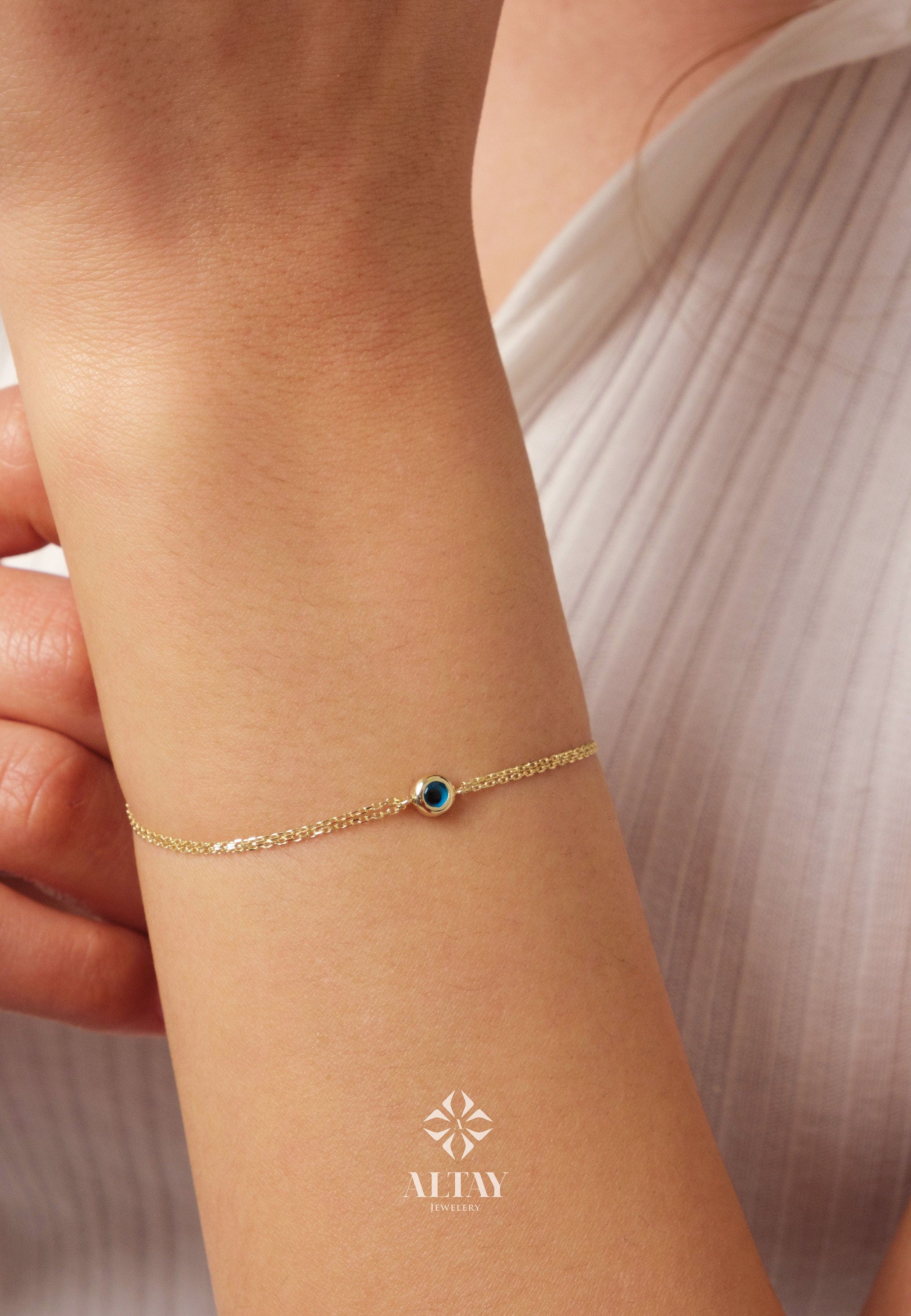 14K Gold Evil Eye Bracelet, Evil Eye Charm Bracelet, Gold Cable Chain Bracelet, Minimalist Everyday Protective Jewelry, Gift For Wife