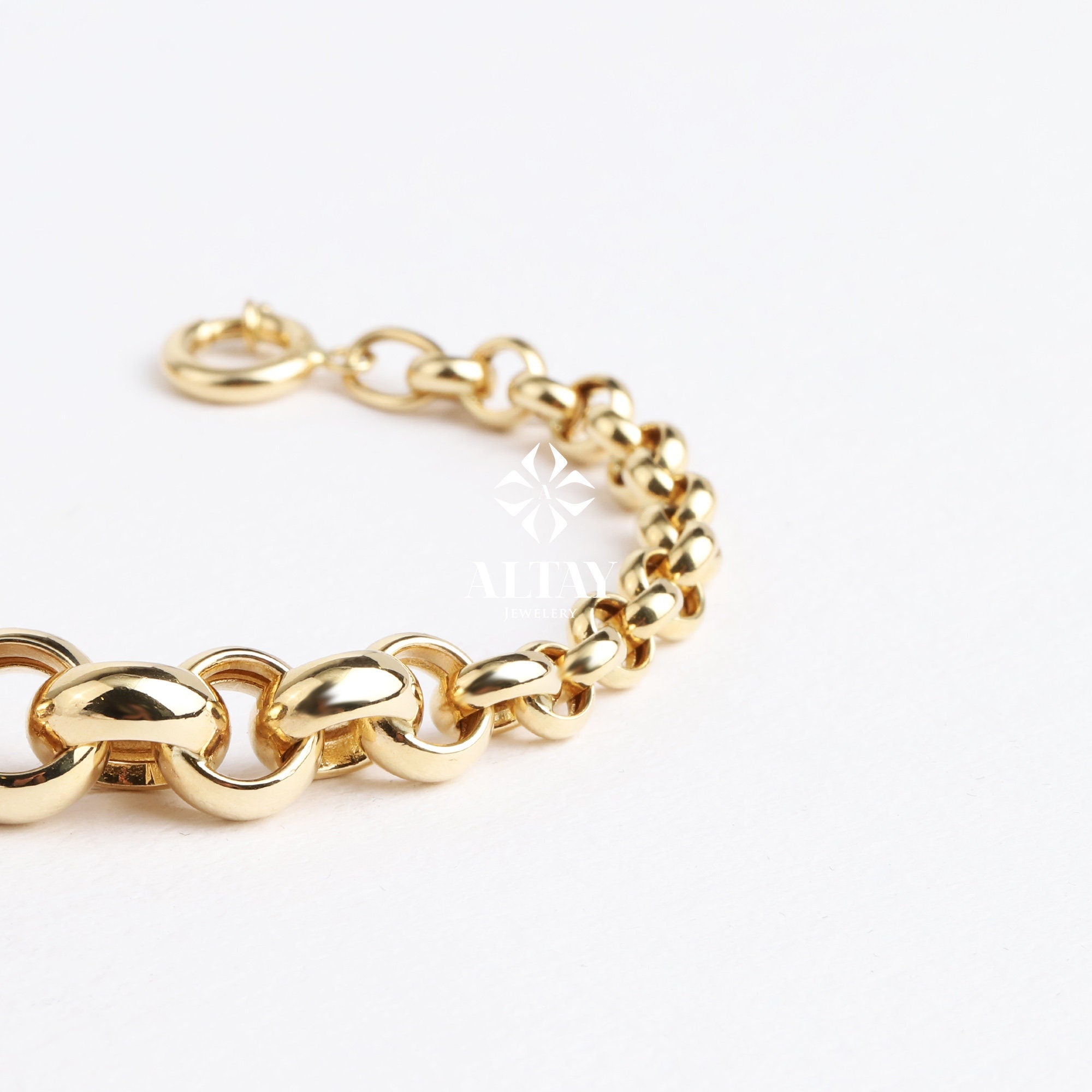 14K Gold Rolo Chain Bracelet, 10mm Round Paperclip Chain, Gold Thick Shiny Round Link, Rolo Charm Link , Women Man Gold Stacking Bracelet