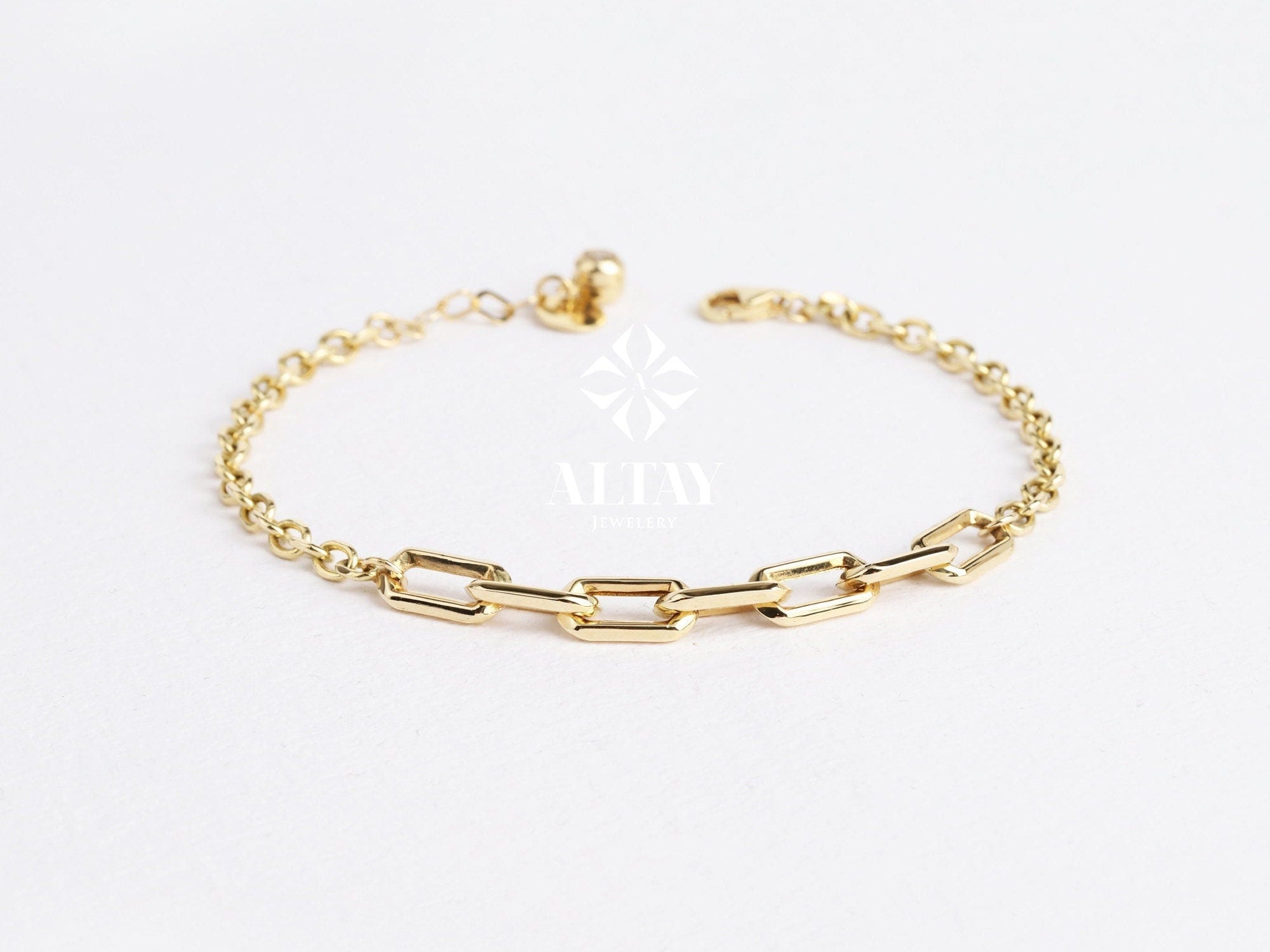 14K Gold Paperclip Rolo Chain Bracelet, Rectangle Paper Clip Chain, Gold Thick Flat Oval Link, Round Rolo Gold Link, Women Men Gold Bracelet