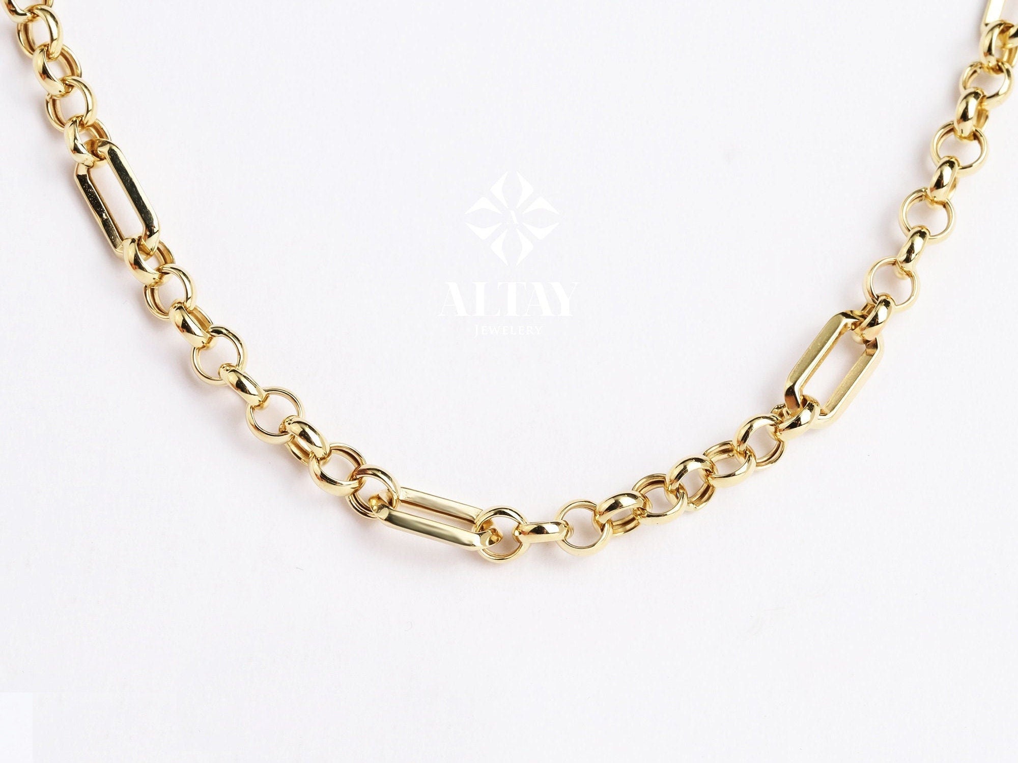 14K Gold Rectangle Long Chain Necklace, Paperclip Italian Rolo Chain, Chunky Round Chain Link Necklace, Layered Everyday Choker Necklace