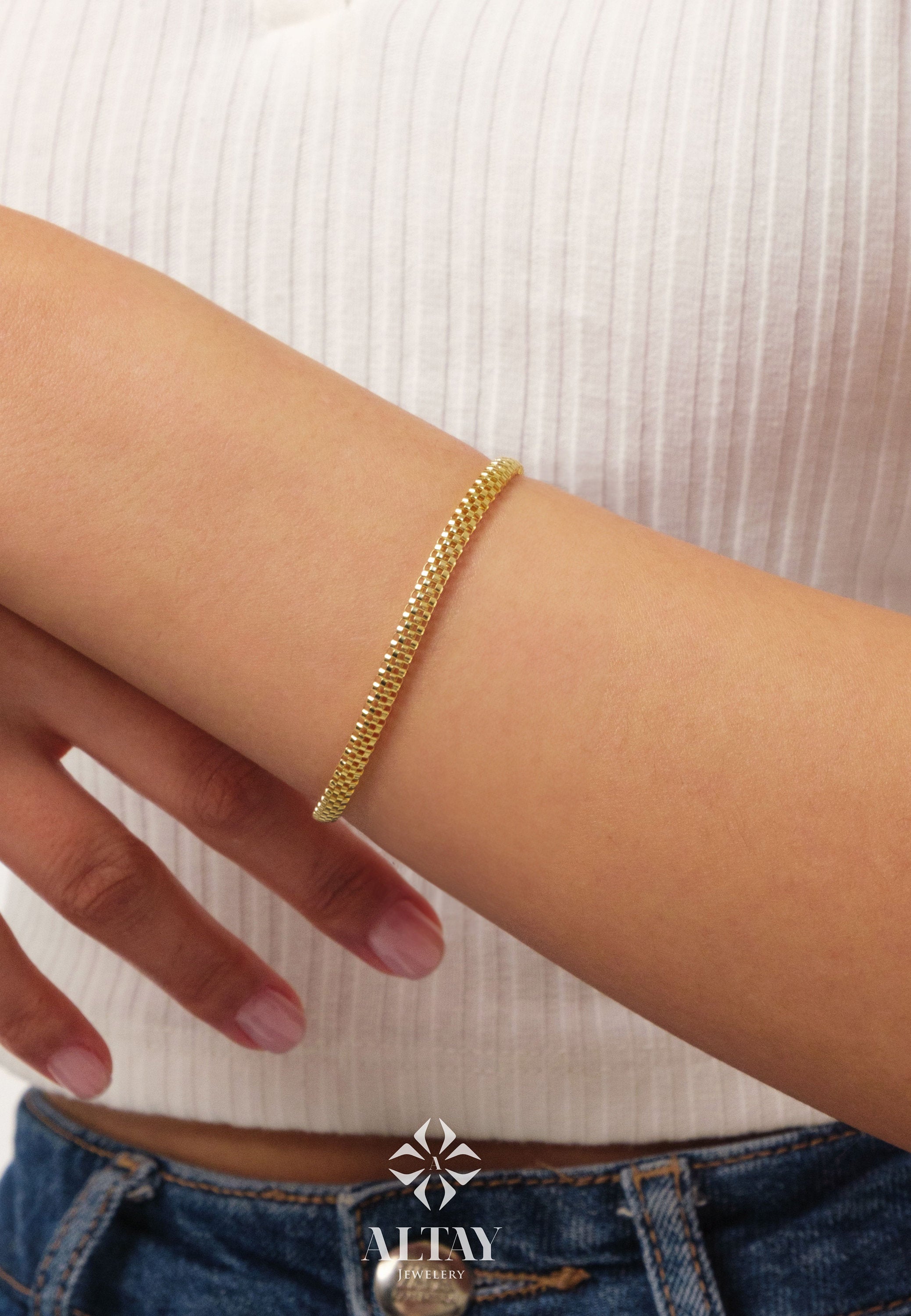 14K Gold Popcorn Bracelet, 4.5mm Curb Wrist Chain, Gold Herringbone Stack Link Chain, Braided Bismark Bracelet, Valentine's Day Gift