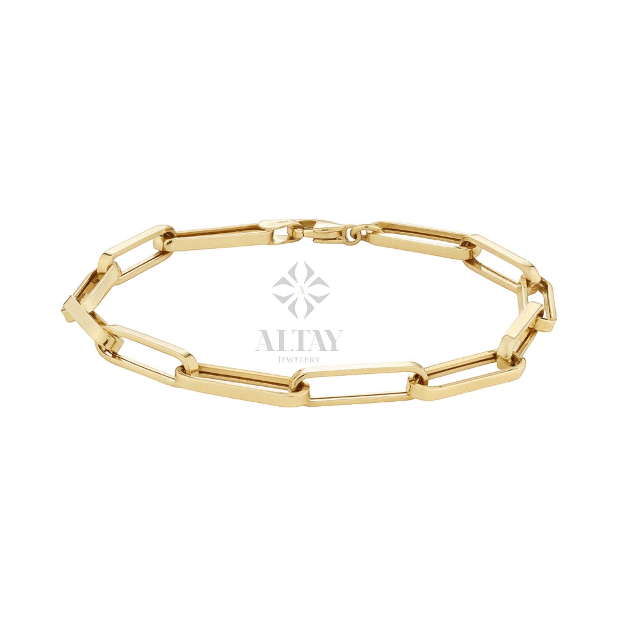 14K Gold Paperclip Chain Bracelet, Rectangle Long Chain, Chunky Chain Link Anklet, Stacking Bracelets, Men Women Layering Chain Bracelet