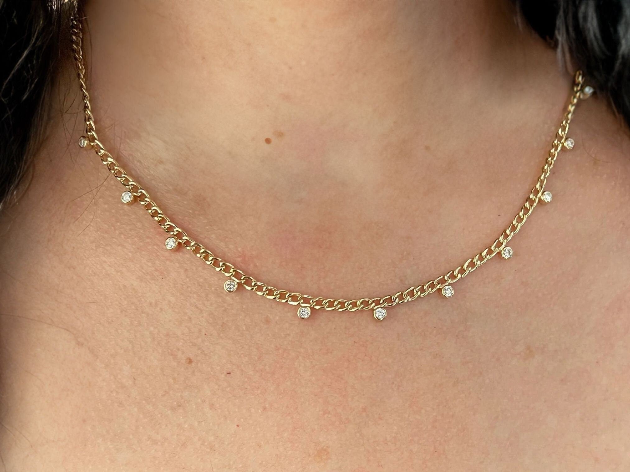 14K Gold Diamond Station Necklace, 0.23 ct Bezel Set Diamond Choker Necklace, Cuban Chain Dainty Gold Necklace, Multi Diamond Necklace