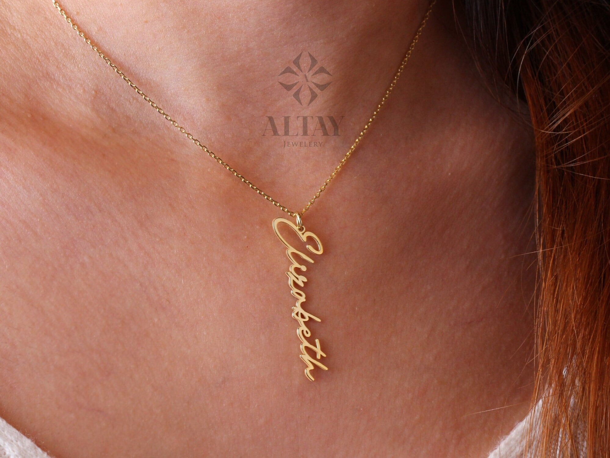 14K Gold Personalized Name Necklace, Vertical Handwriting Name Necklace, Custom Cursive Nameplate Pendant, Dainty Memorial Gift for Her