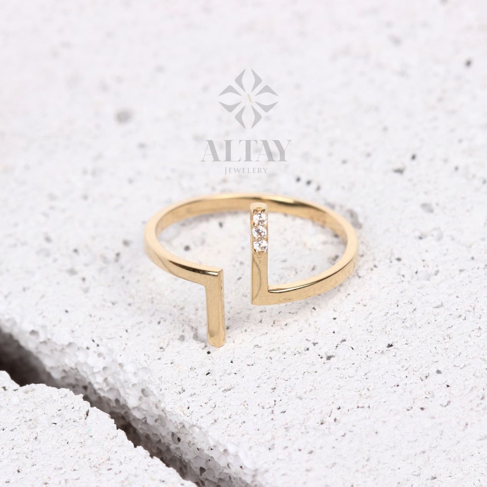 14K Gold T Bar Open Ring, Cuff Band Ring, T Paralel Ring, Parallel T Ring, Adjustable Stacking Ring, Double T Bar Ring, Gift For Mom