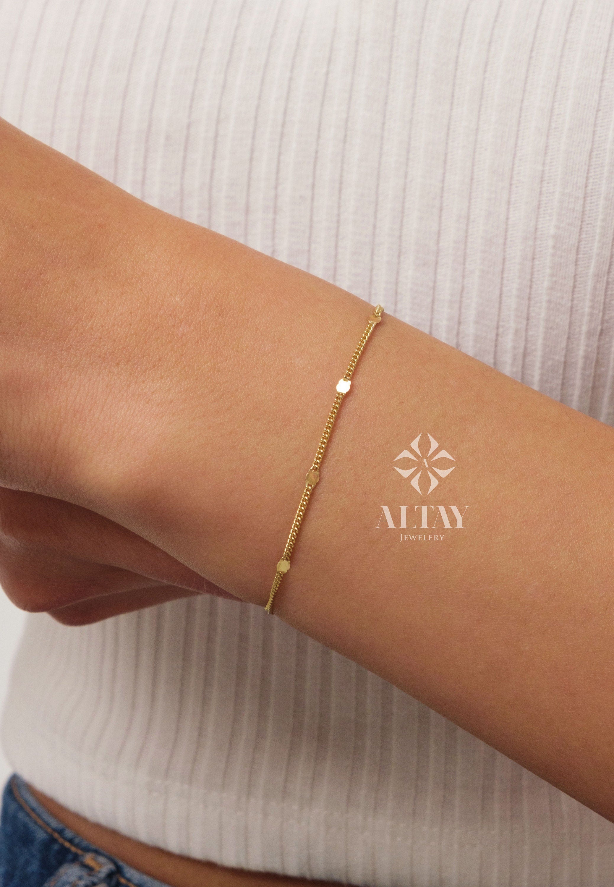 14K Gold Cuban Station Bracelet, 2mm Cuban Coin Chain Bracelet, Sparkle Thin Lace Charms, Delicate Mirror Curb Glitter Anklet, Gift For Her