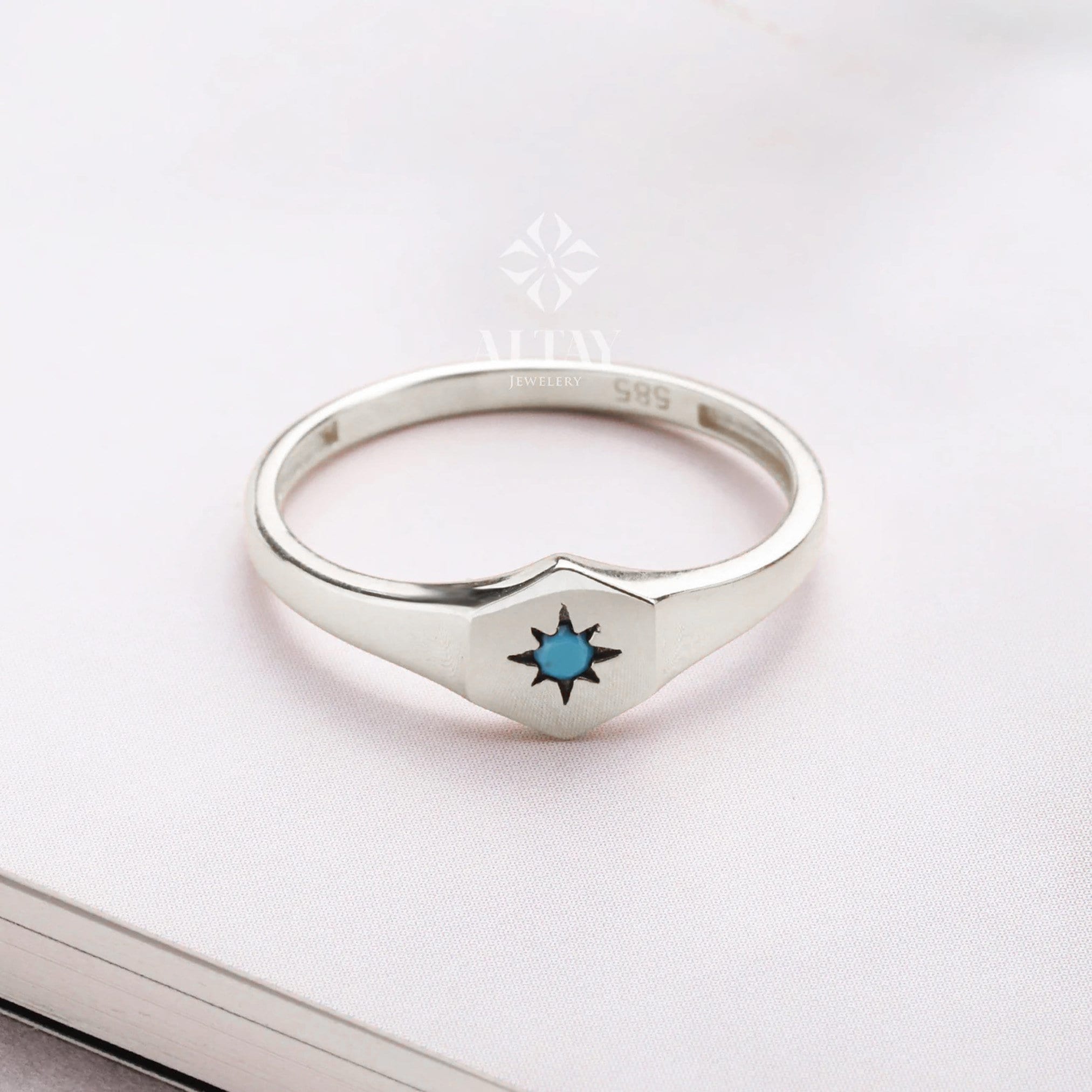 14K Gold Turquoise Stone Ring, Polar Star Band, North Star Turquoise Ring, Astrology Starburst Ring, Luck Star, Celestial Pinky Ring