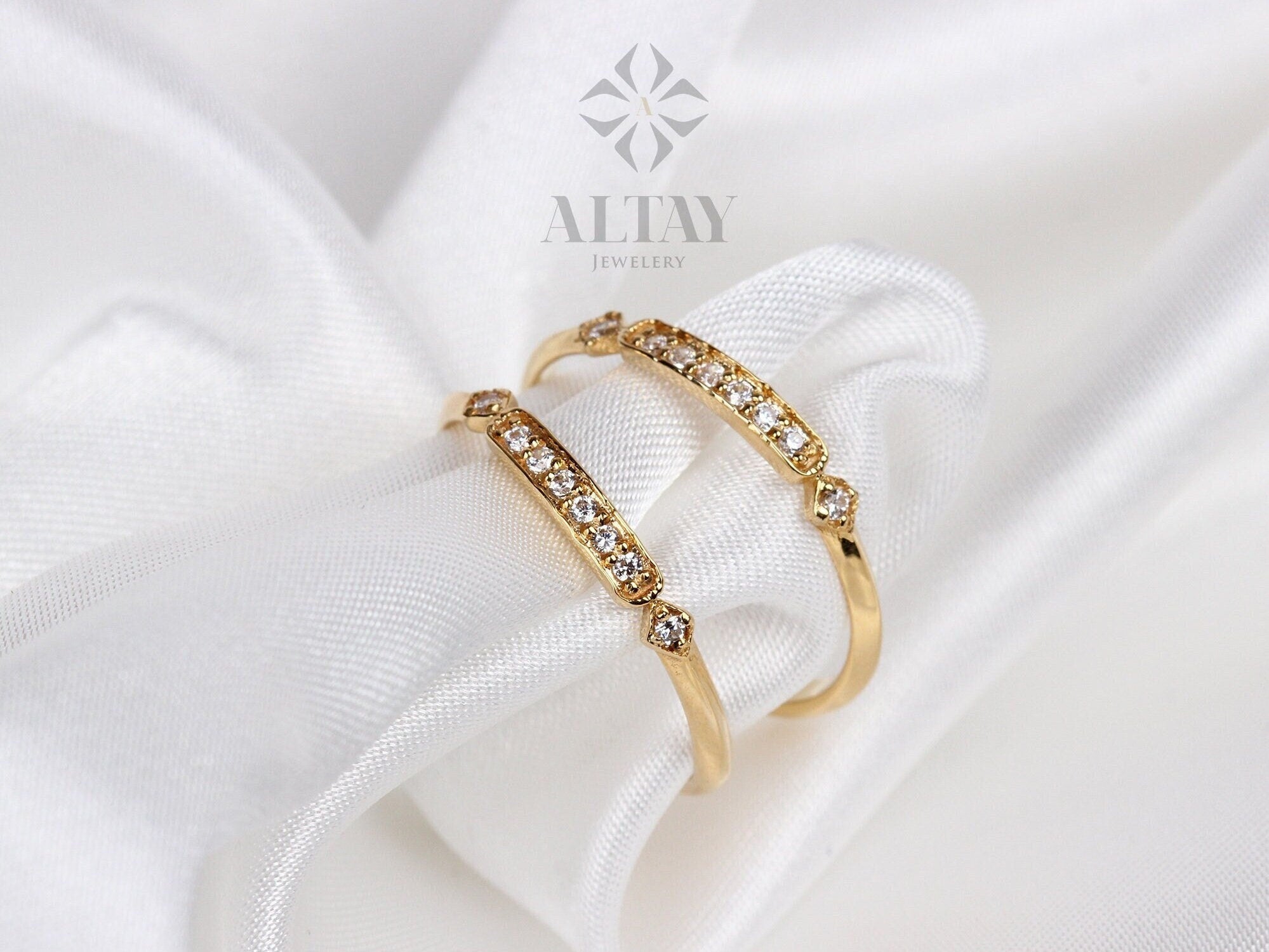 14K Gold Art Deco Wedding Band Ring, Princess Ring, Vintage Style Wedding, Half Eternity Bridal Ring, Cute Stacking Ring, Gold Promise Ring