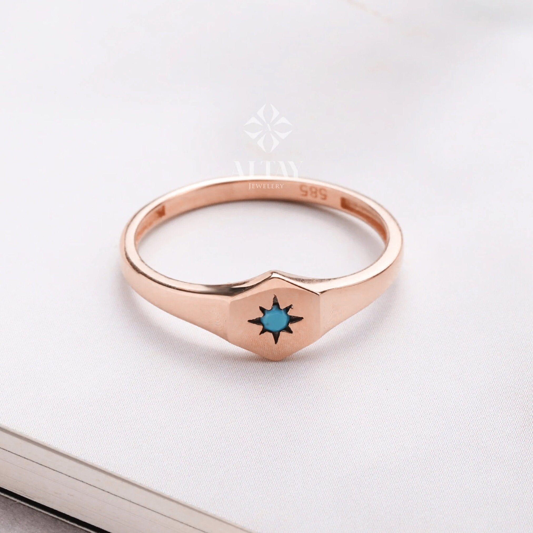 14K Gold Turquoise Stone Ring, Polar Star Band, North Star Turquoise Ring, Astrology Starburst Ring, Luck Star, Celestial Pinky Ring